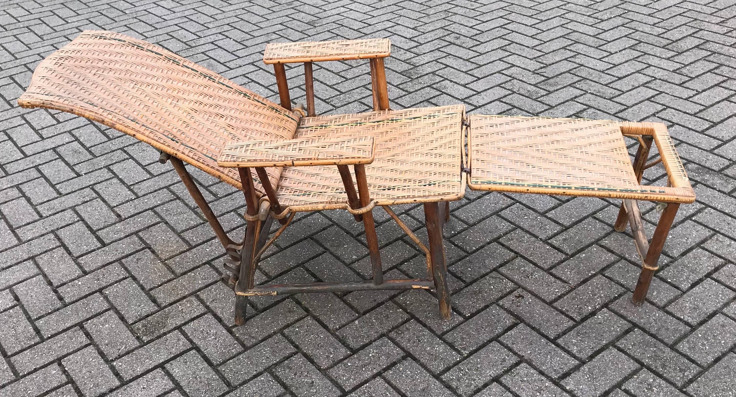 Cane Antique Rattan and Wood Deck Chair or Lounge Chair