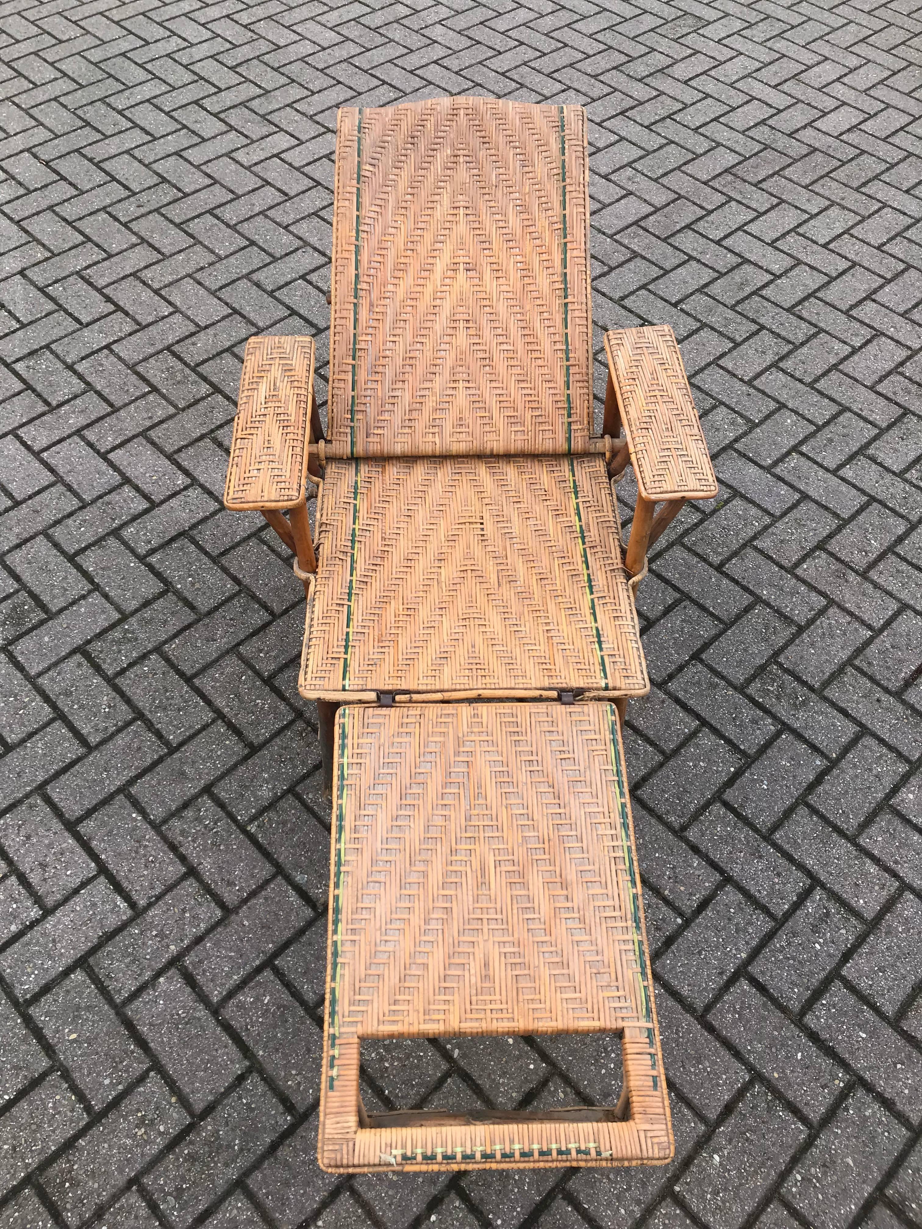 Antique Rattan and Wood Deck Chair or Lounge Chair 1