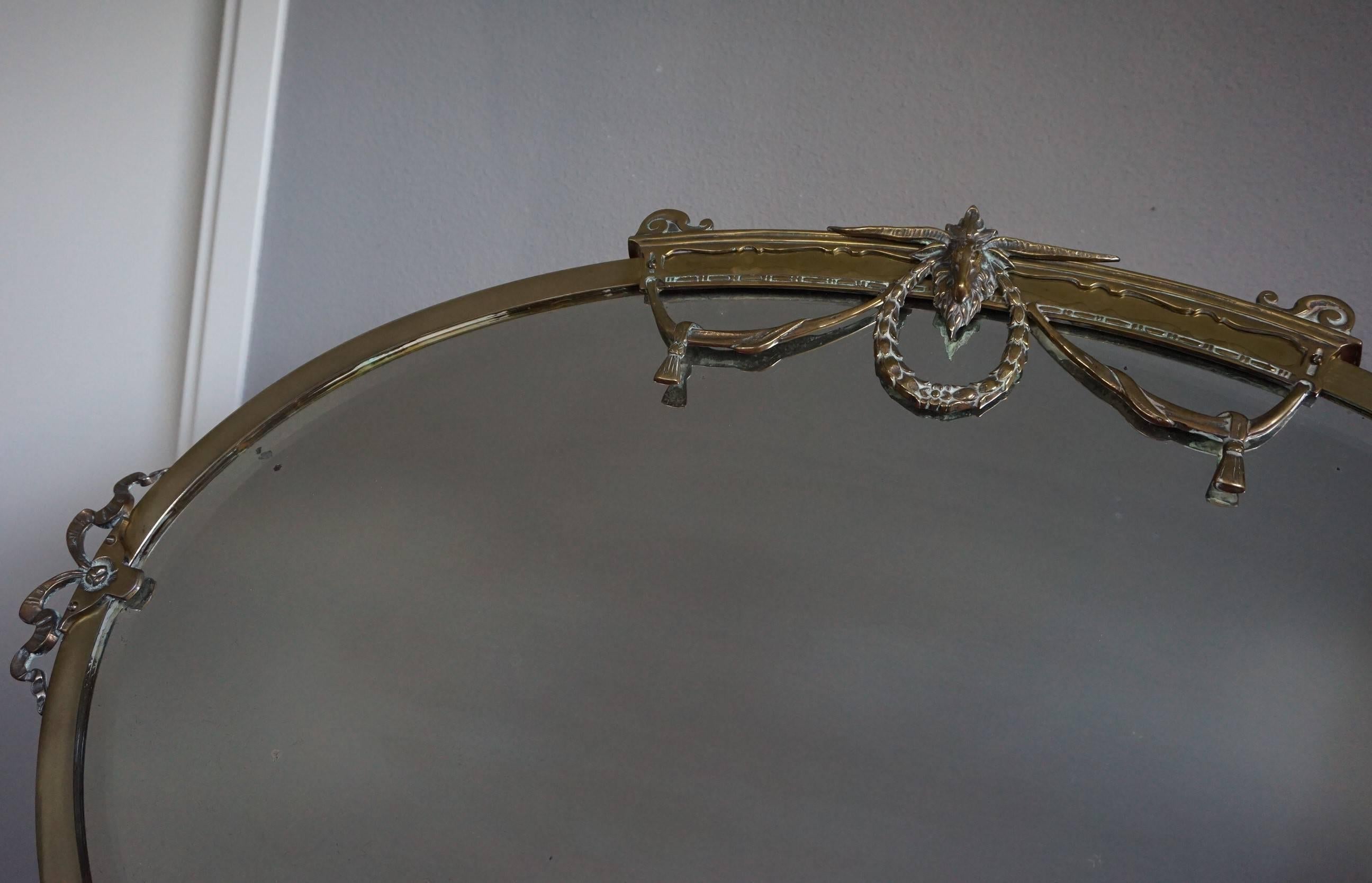 19th Century Antique Beveled Oval Mirror in Brass Frame with Brass Goat Head Sculpture & More