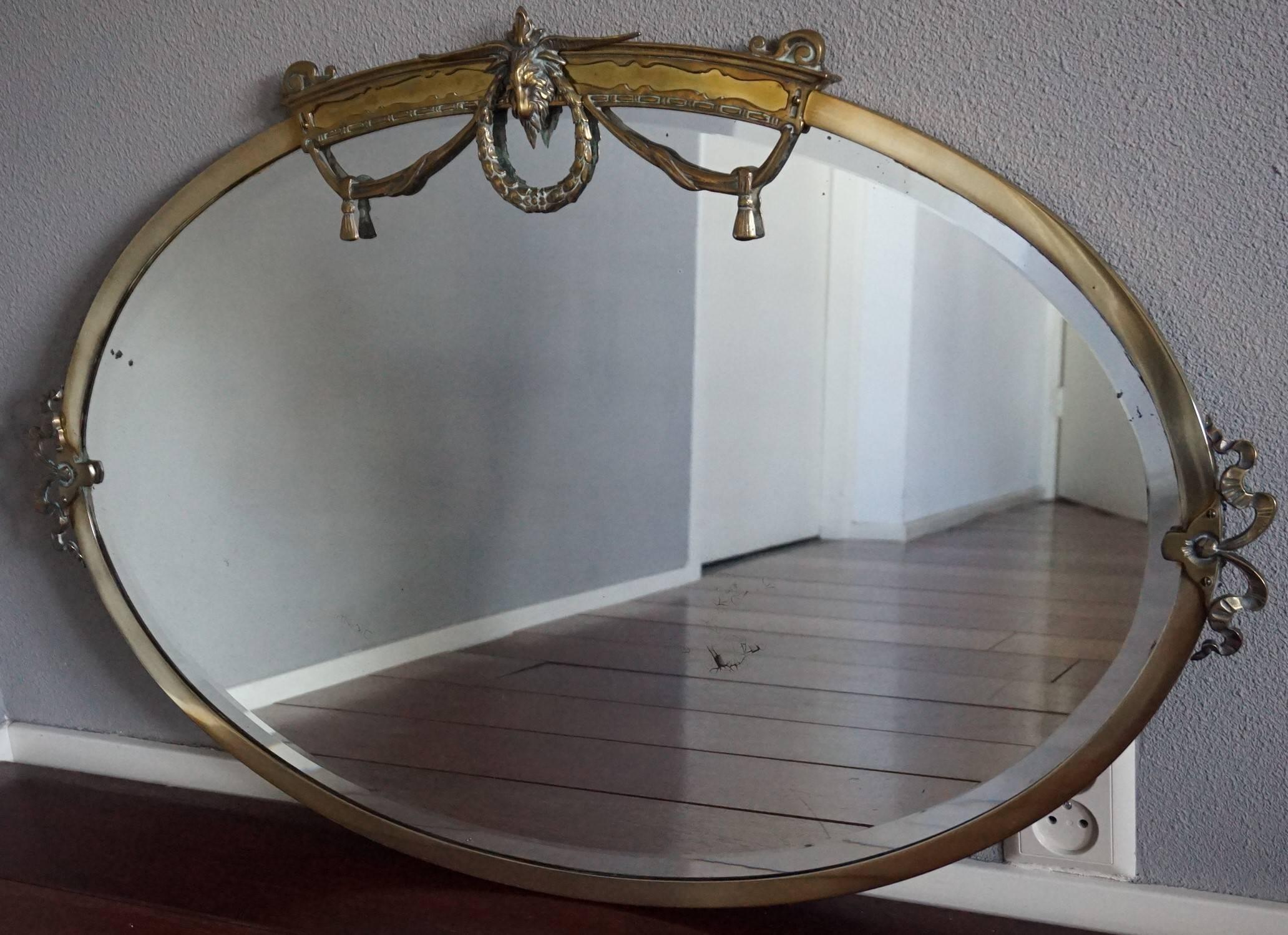 Antique Beveled Oval Mirror in Brass Frame with Brass Goat Head Sculpture & More 1