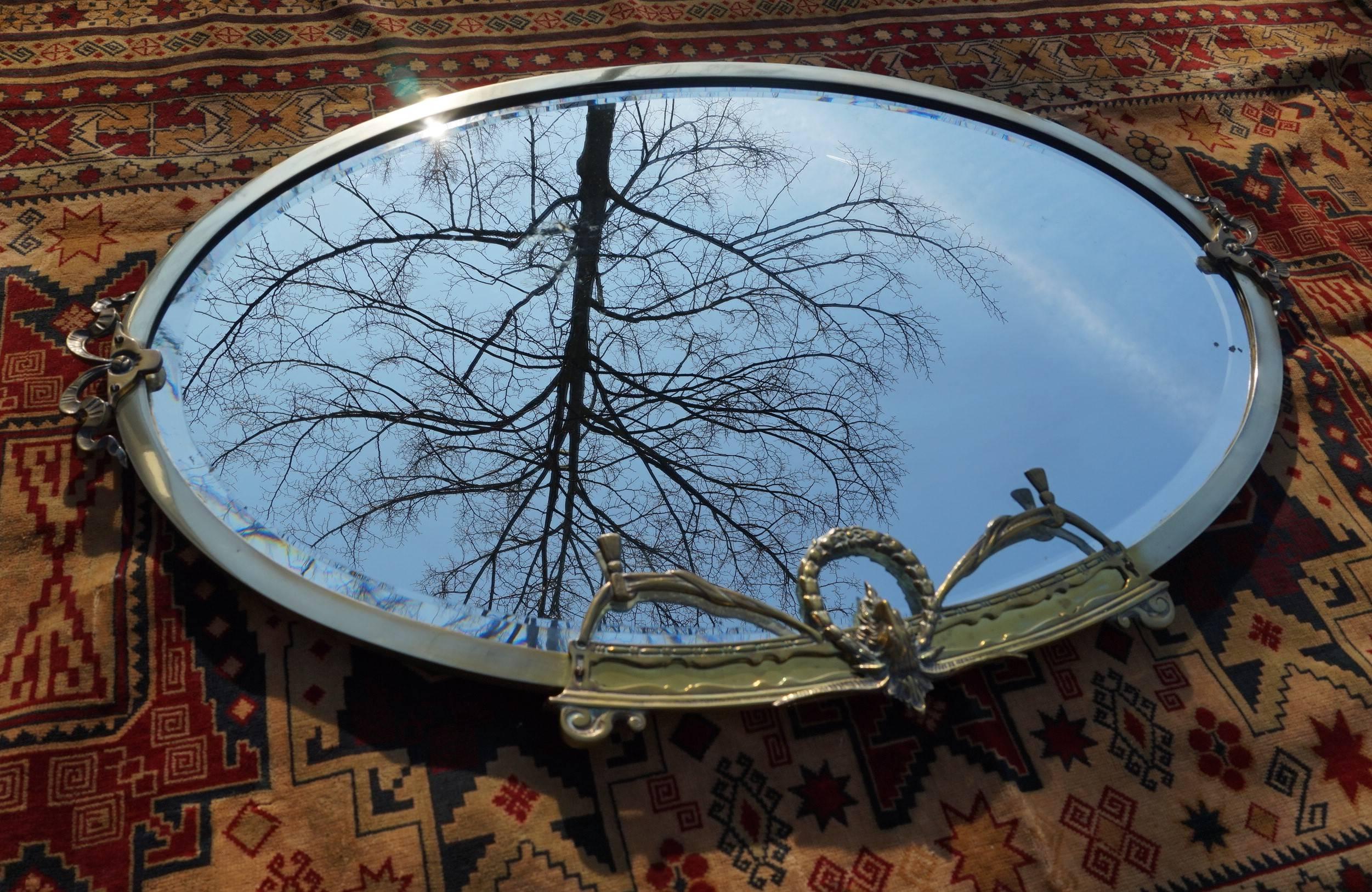 European Antique Beveled Oval Mirror in Brass Frame with Brass Goat Head Sculpture & More