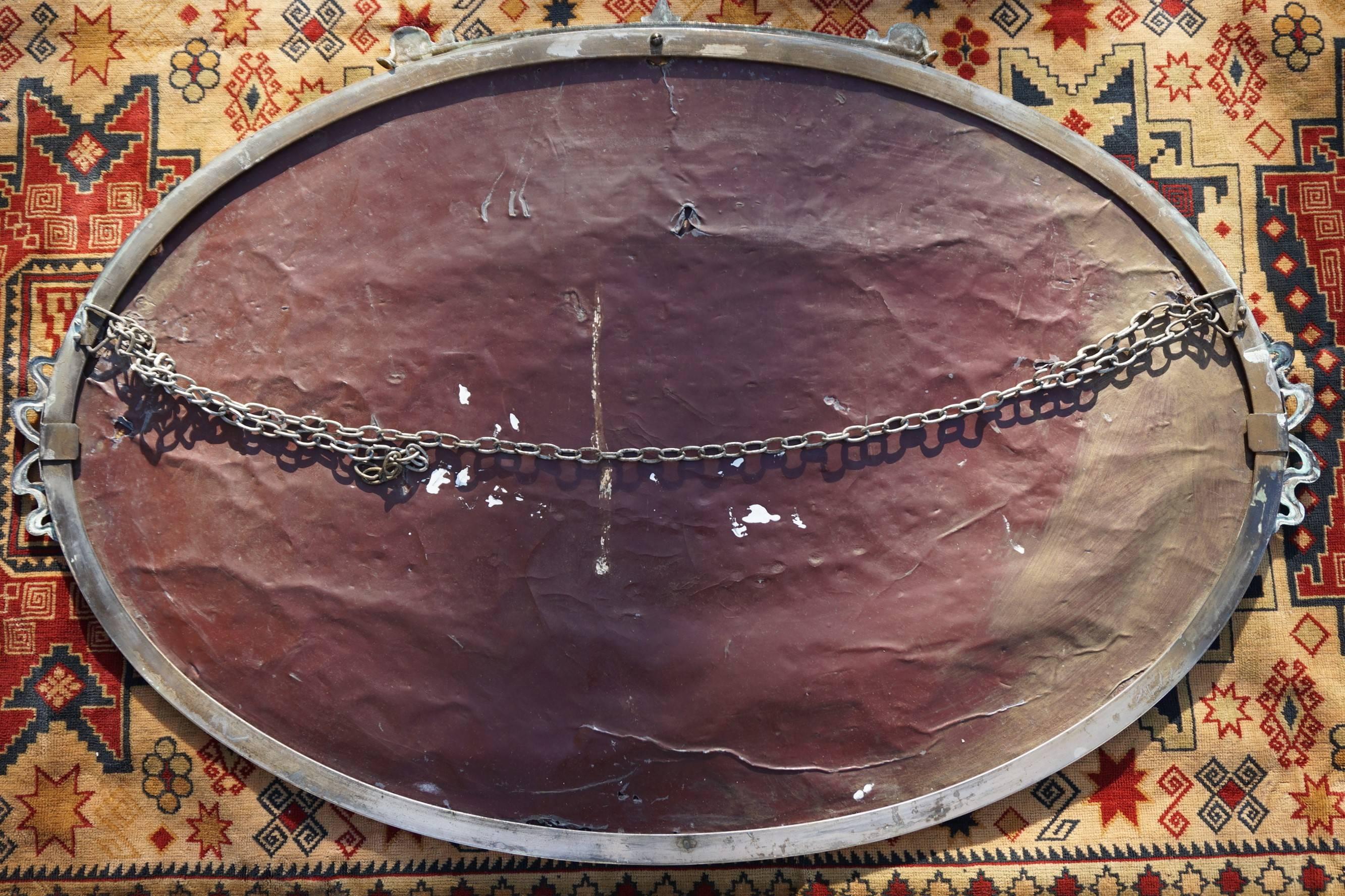 Antique Beveled Oval Mirror in Brass Frame with Brass Goat Head Sculpture & More In Good Condition In Lisse, NL