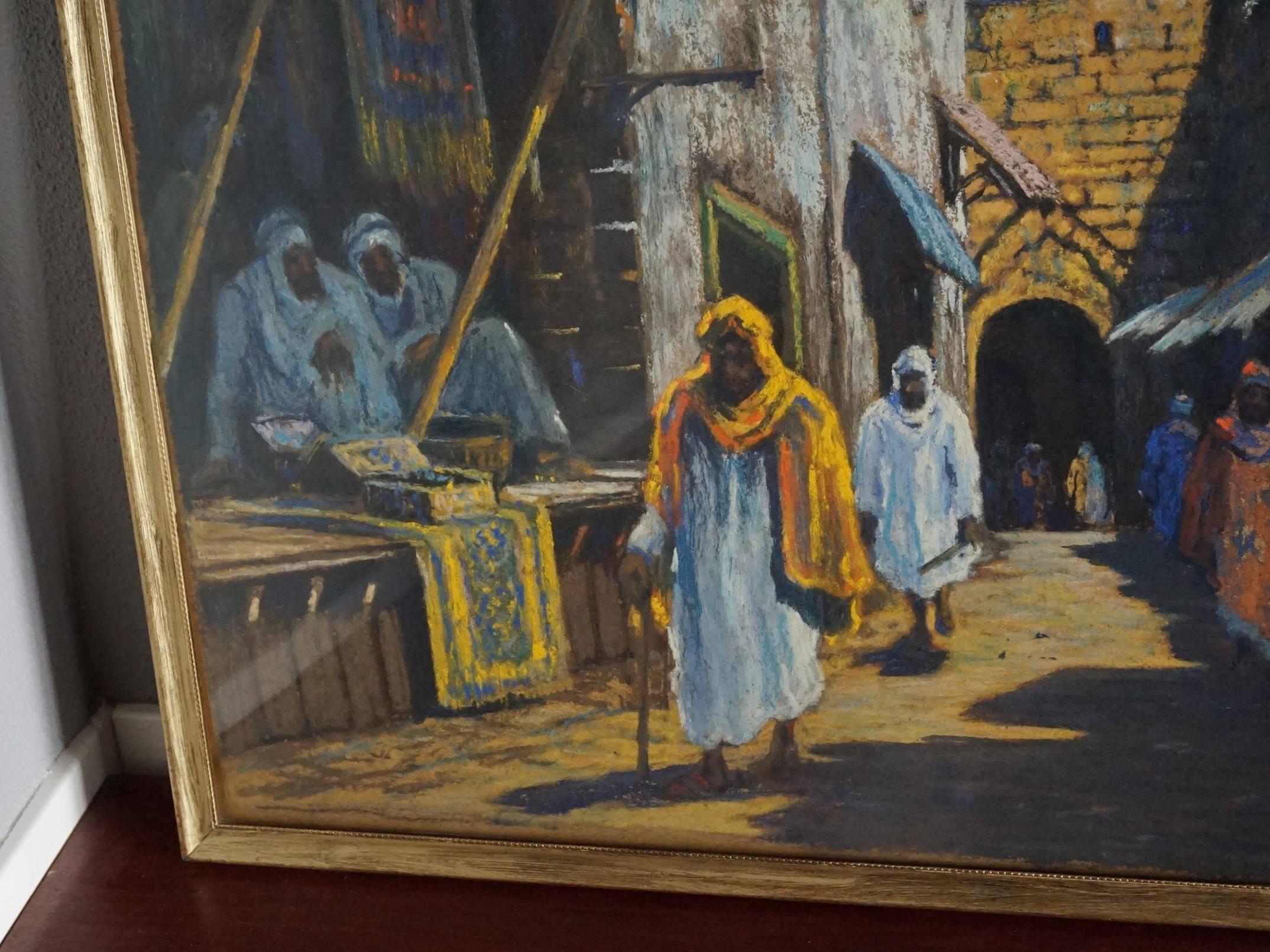 Wonderful street scene in early 20th century Morocco.

If you are looking for Arab and/or Bedouin culture related antiques then you could not wish for a more original and authentic work of art. This fine quality painting is completely original (with