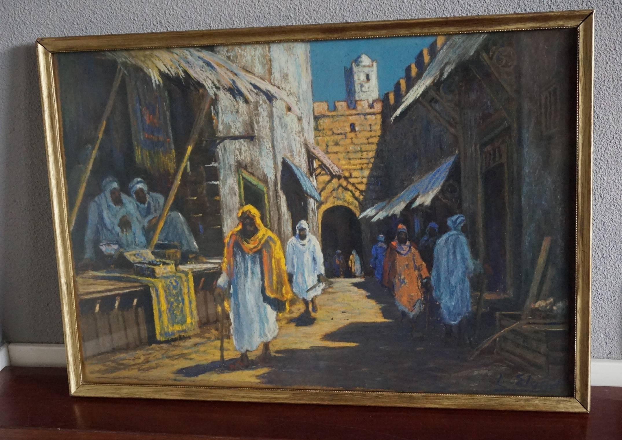 Glass Antique & Serene Arab Market / Bedouin Painting on Board by Leo Eland circa 1910