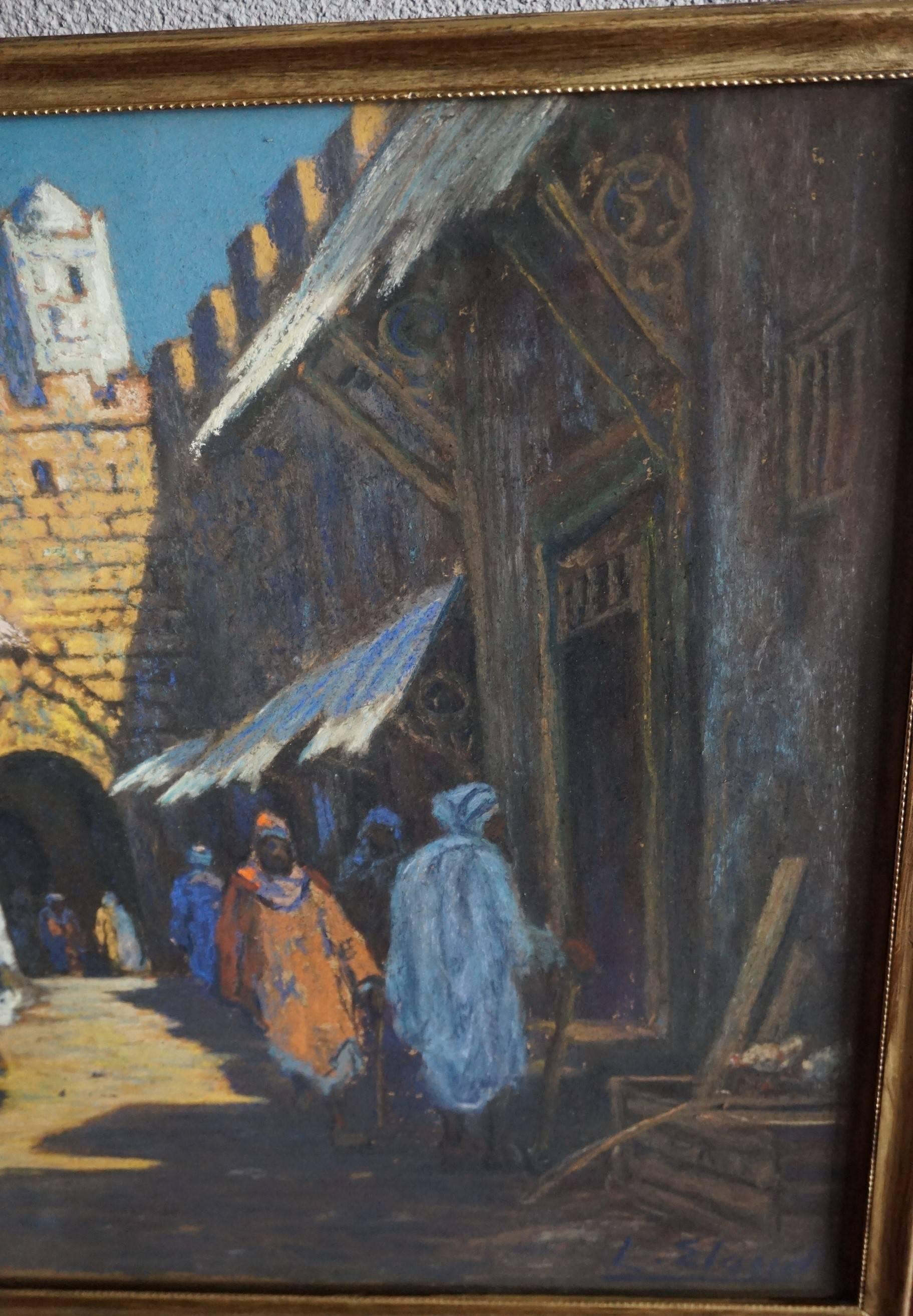 Hand-Crafted Antique & Serene Arab Market / Bedouin Painting on Board by Leo Eland circa 1910