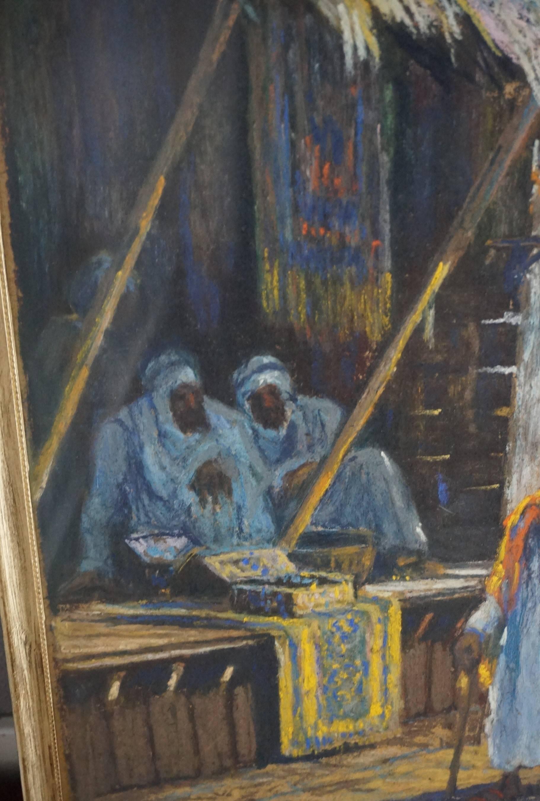 Islamic Antique & Serene Arab Market / Bedouin Painting on Board by Leo Eland circa 1910