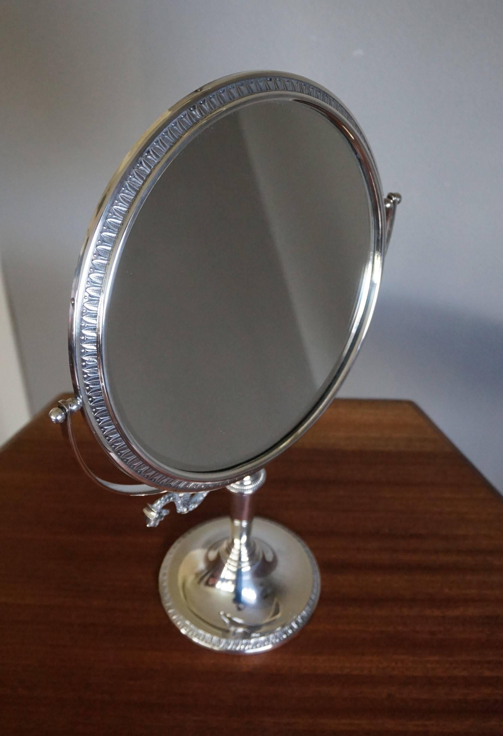 Midcentury Bevelled Table Mirror in Silvered Metal Frame for Make Up and Jewelry In Excellent Condition For Sale In Lisse, NL