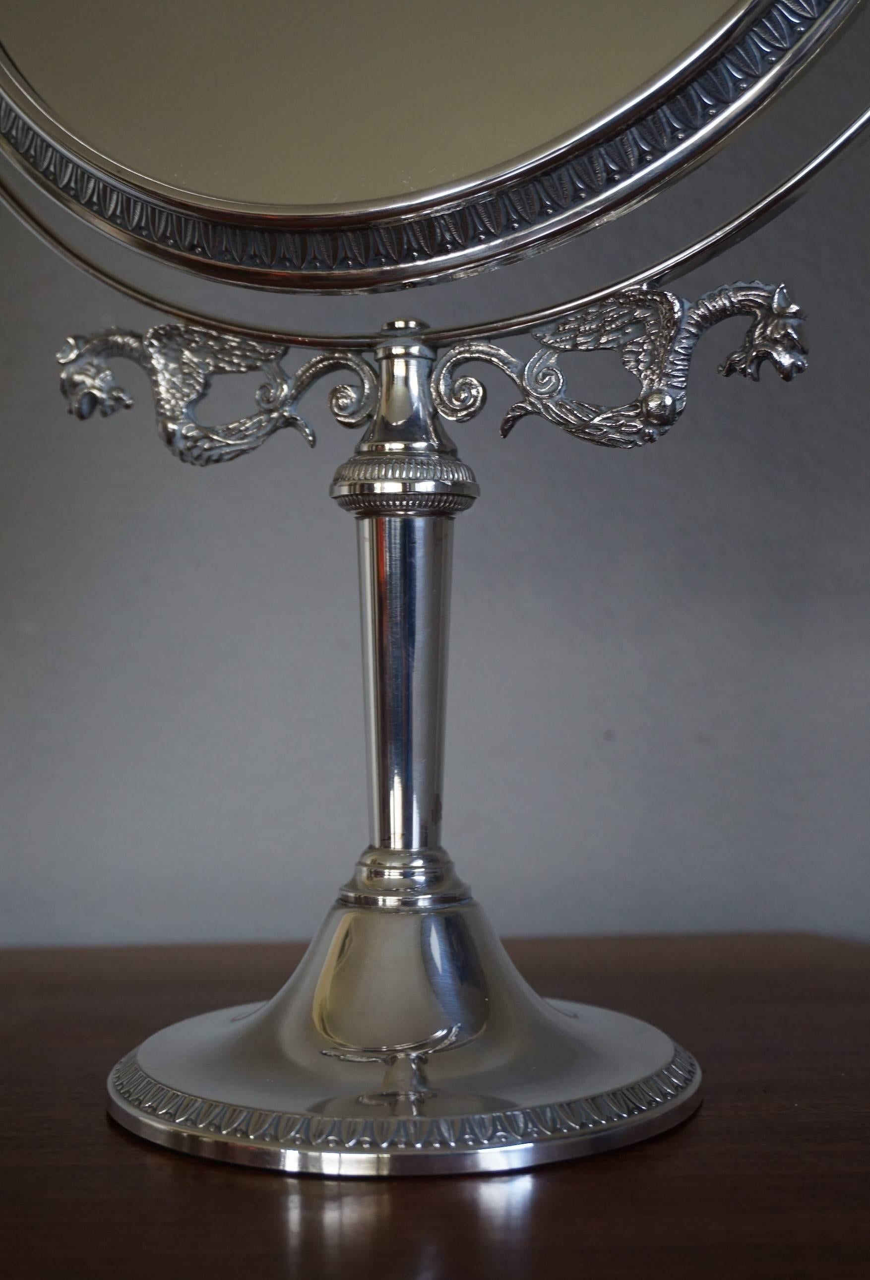 20th Century Midcentury Bevelled Table Mirror in Silvered Metal Frame for Make Up and Jewelry For Sale