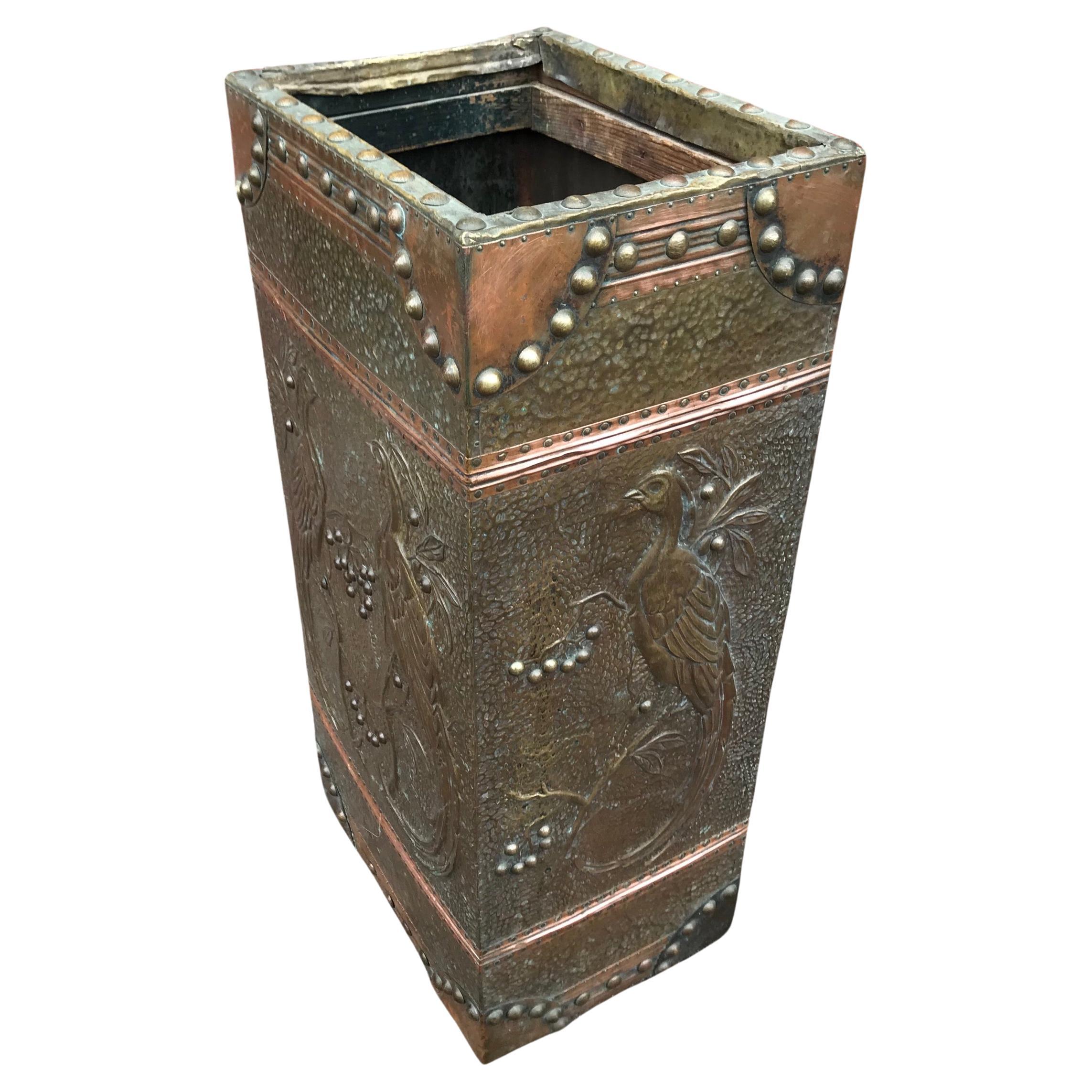 Wonderfuf Arts & Crafts Cane and Umbrella Stand w. Embossed Peacock Sculptures  For Sale