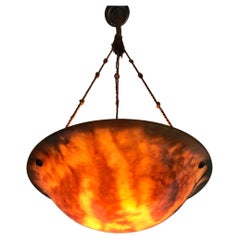 Large Art Deco Period Alabaster Pendant Ceiling Light Fixture w. Original Ropes