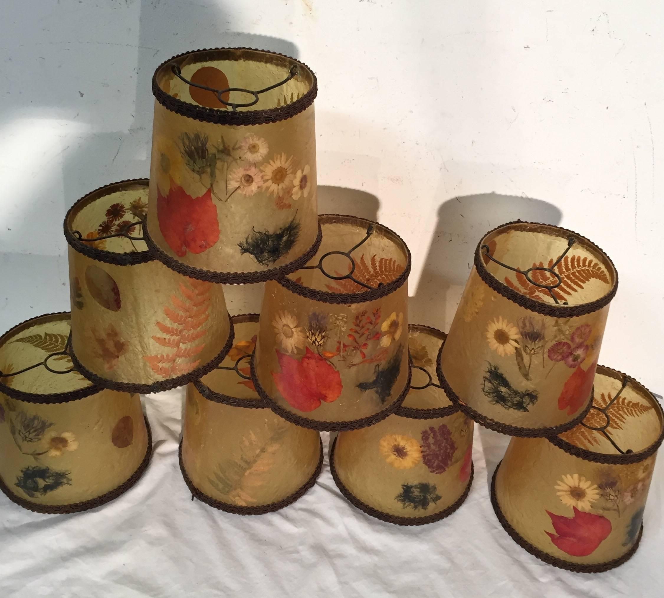 Handmade design shade with decor of dried flowers and leafs.

These eight cone shaped lamp shades have all been made by hand and the base material is probably lucite. The outside of these shades have all been decorated with real flowers and leafs.