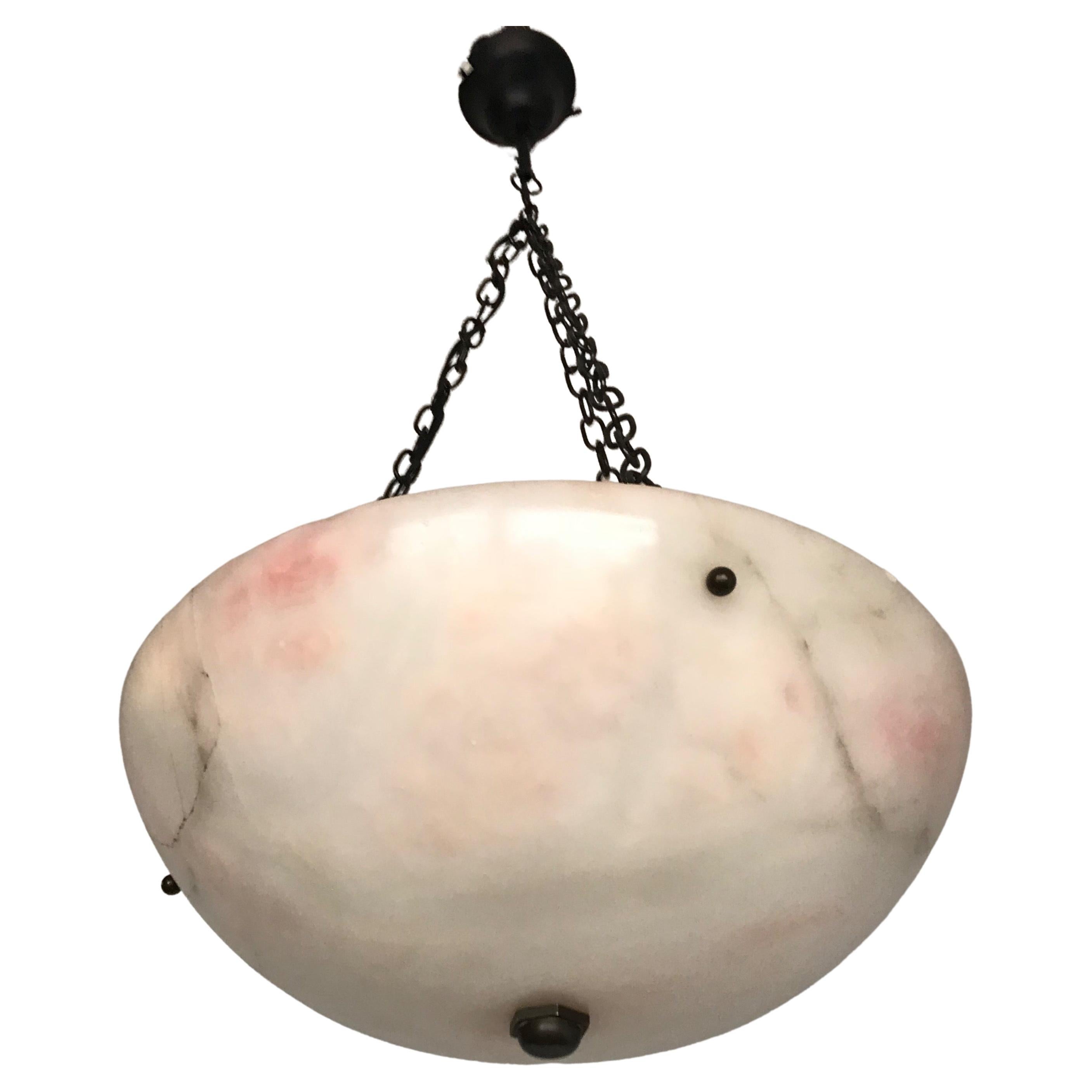 Early 20th Century Alabaster ' White & Pink Moonlight ' Pendant or Ceiling Lamp