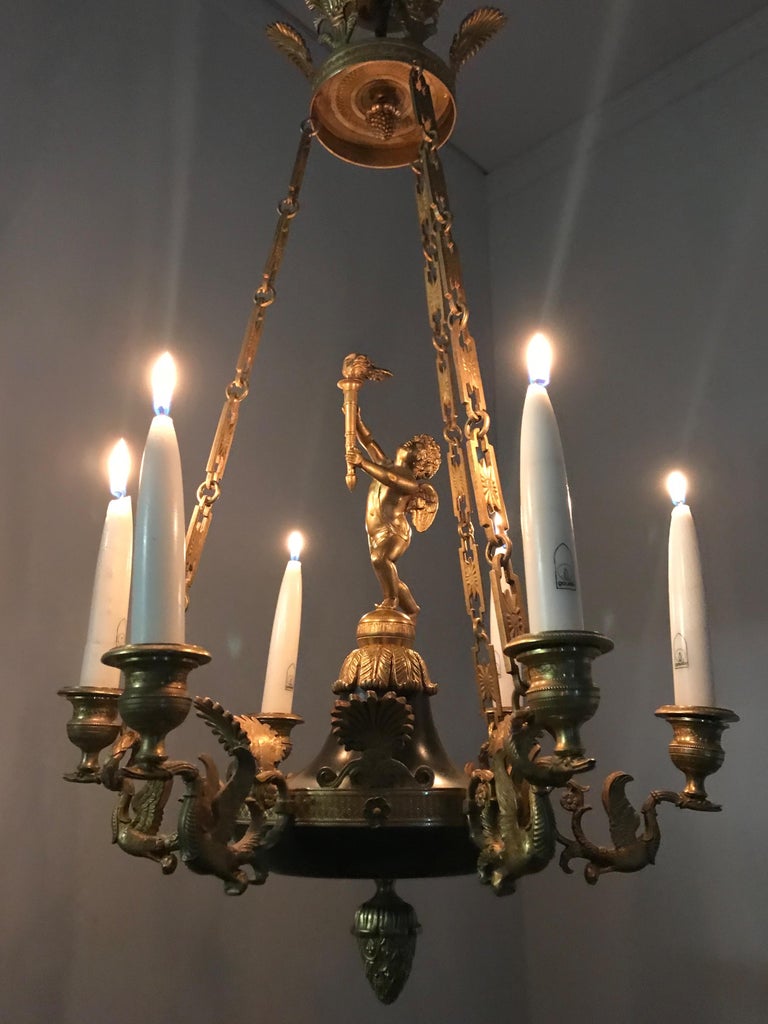 Antique French Empire Style Gilt Bronze Candle Pendant Or Chandelier Stunning And Small Six Light Chandelier With Gilt Bronze Cherub Swan Sculptures This