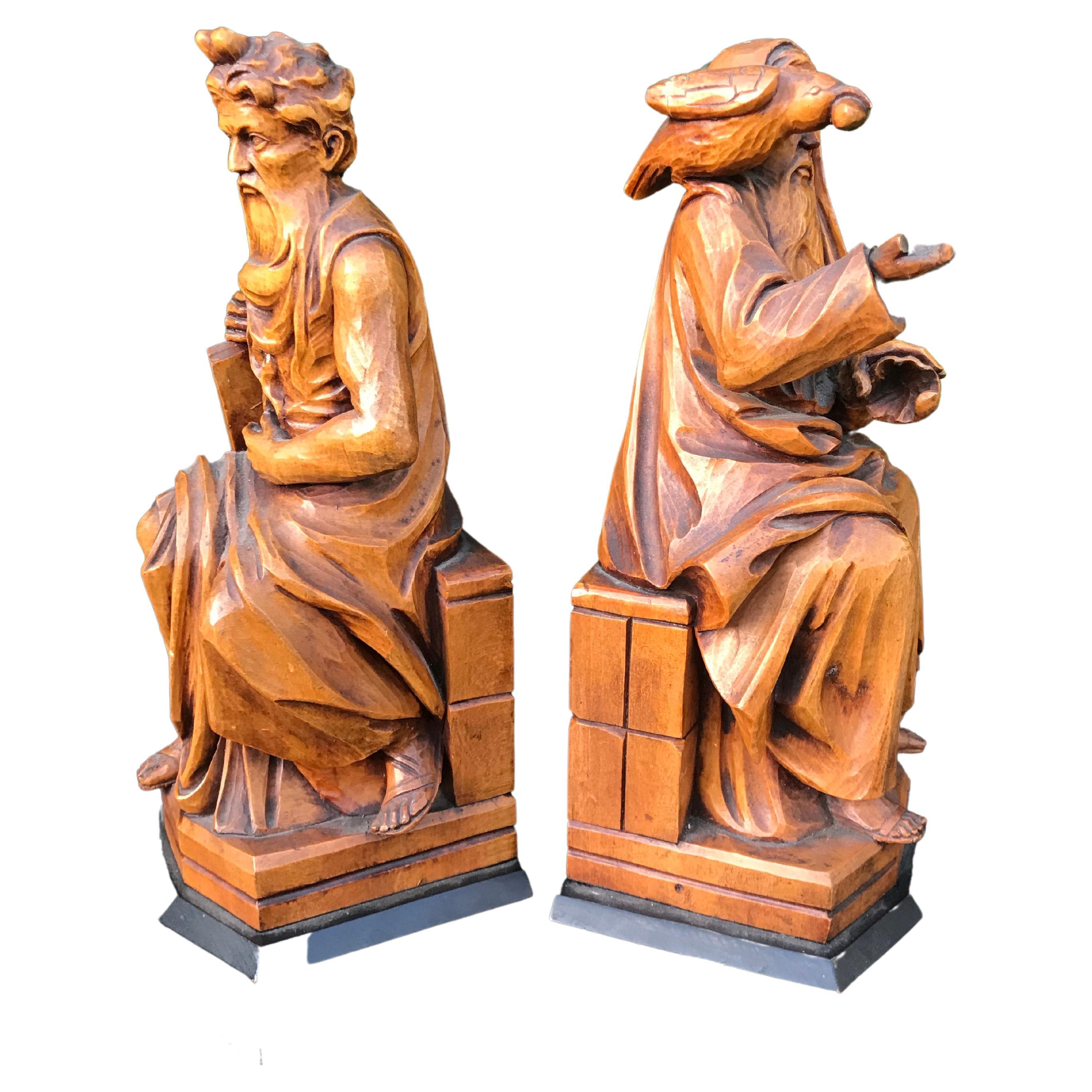 Rare Biblical Boxwood Bookends Moses by Michelangelo & Saint Benedict of Nursia