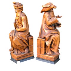 Rare Biblical Boxwood Bookends Moses by Michelangelo & Saint Benedict of Nursia