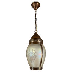 Vintage Good Size Arts & Crafts Engraved Star Glass, Brass Hall Entry Lantern / Pendant 