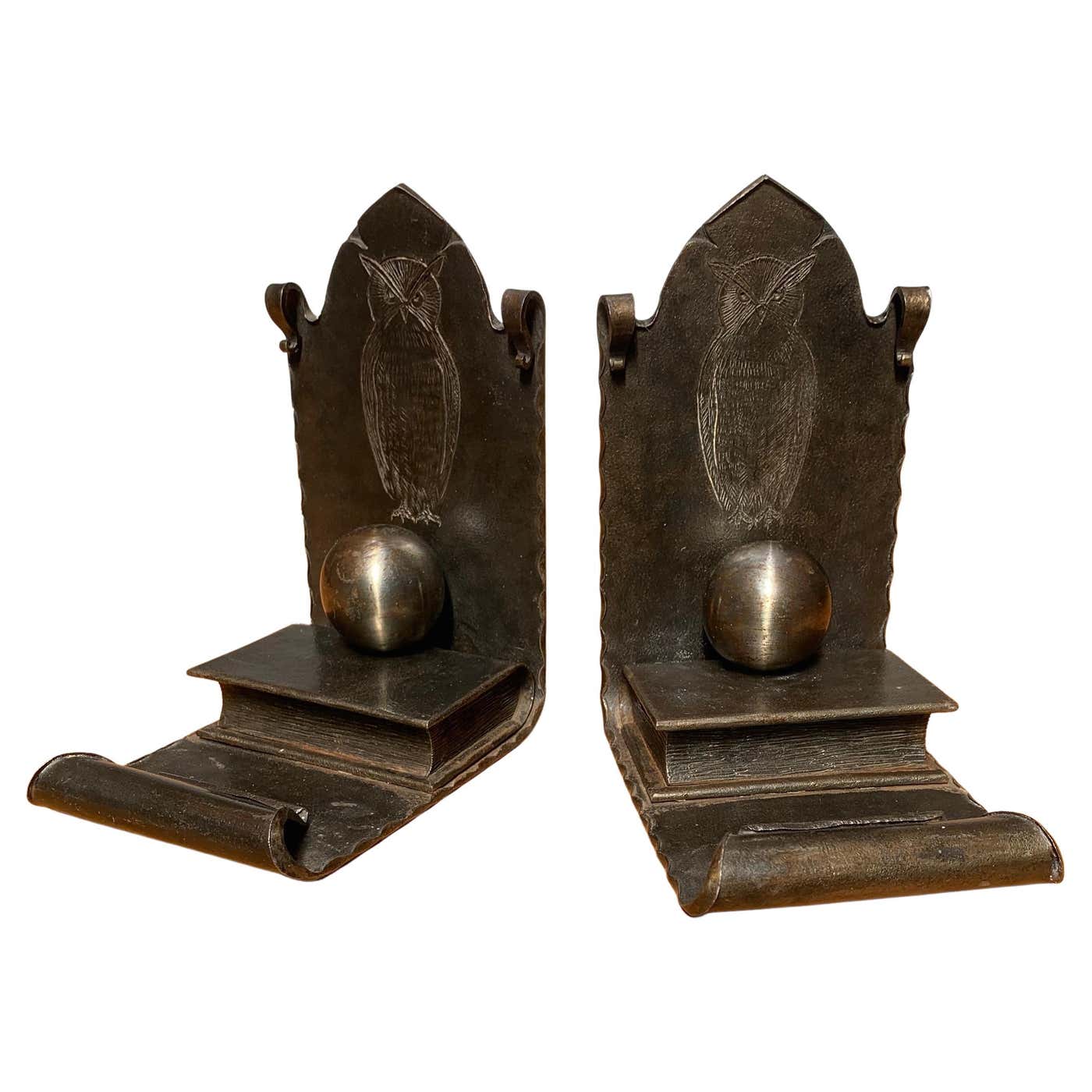 Wrought Iron Art and Crafts Bookends with Metal Books and Engraved Owl ...