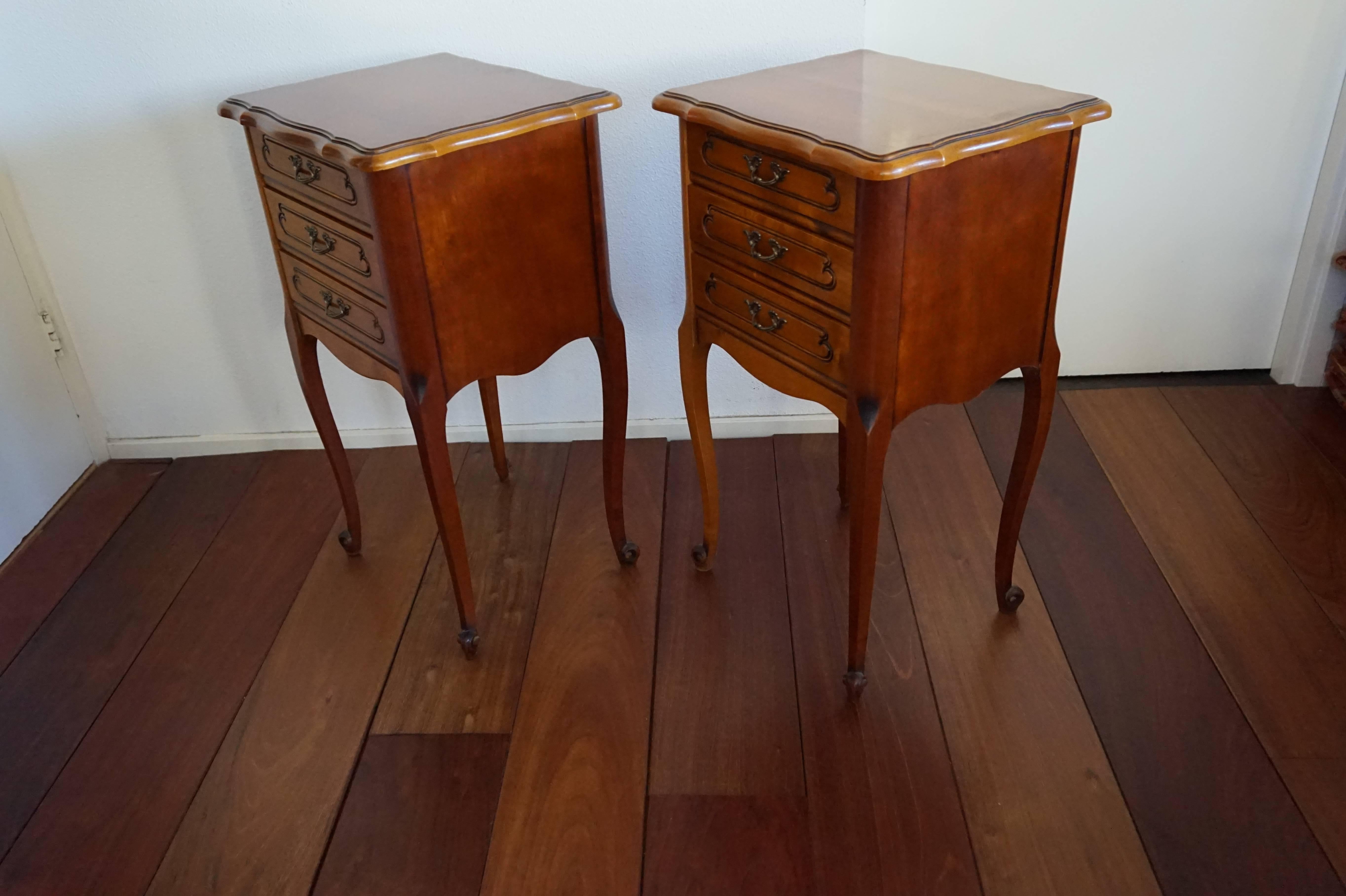 Elegant pair of French bedside cabinets.

These stylish nightstands were made in France by Sourisseau and we date them from the 1970s. They are in marvelous condition and as clean as one could hope. On either side of a box spring they will look