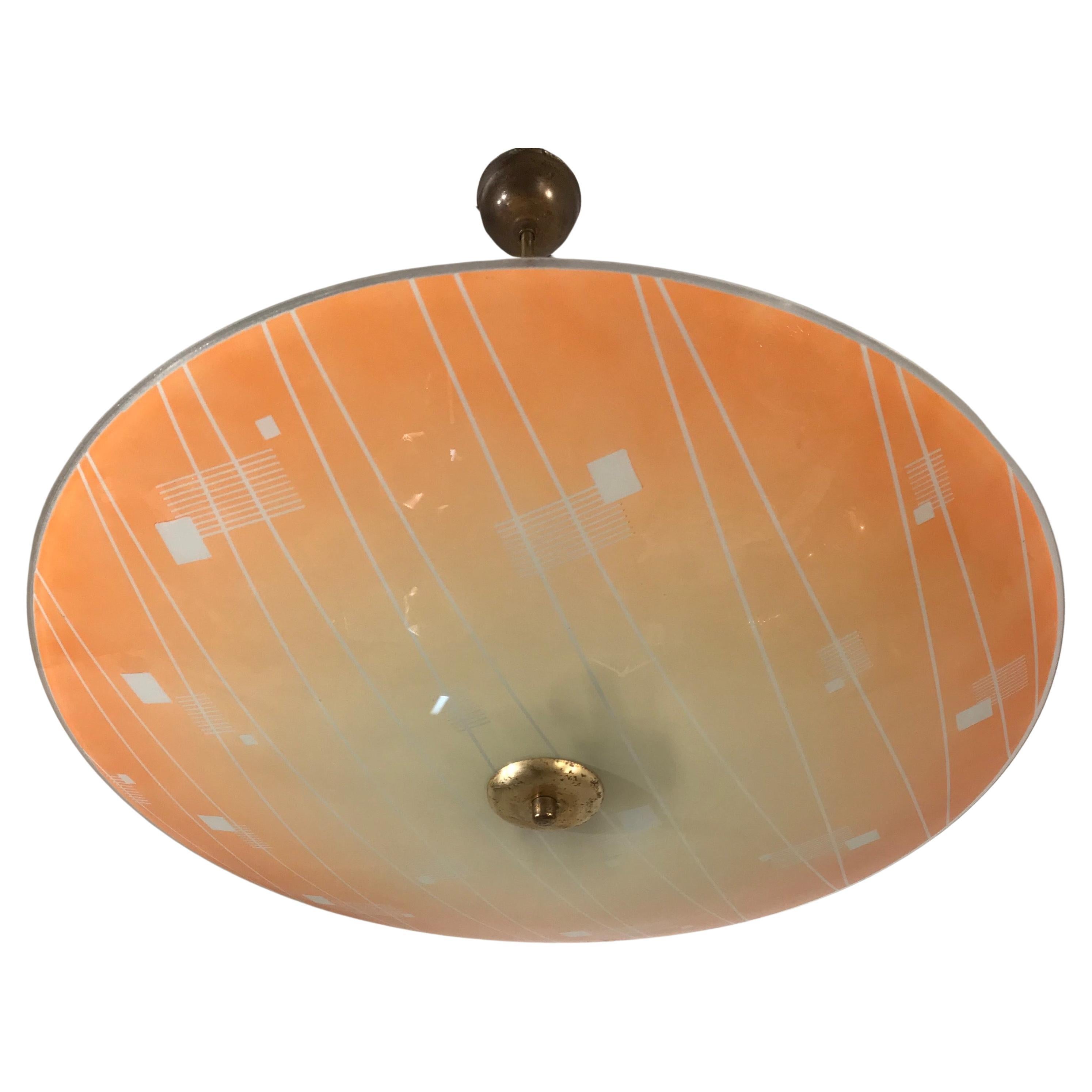 Large Mid-Century Modern Etched and Peach Colored Glass Pendant or Flush Mount For Sale