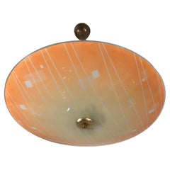 Large Mid-Century Modern Etched and Peach Colored Glass Pendant or Flush Mount