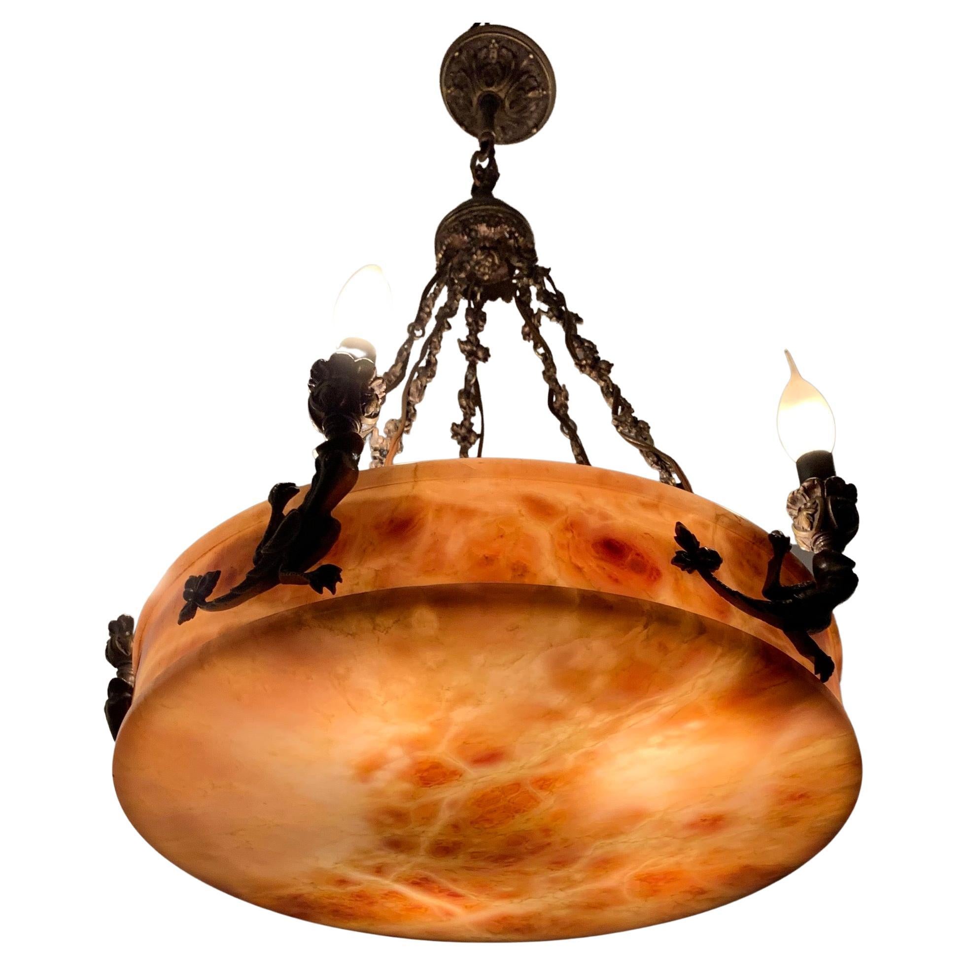 Impressive & Large Alabaster Pendant Light Chandelier w Bronze Lizard Sculptures For Sale