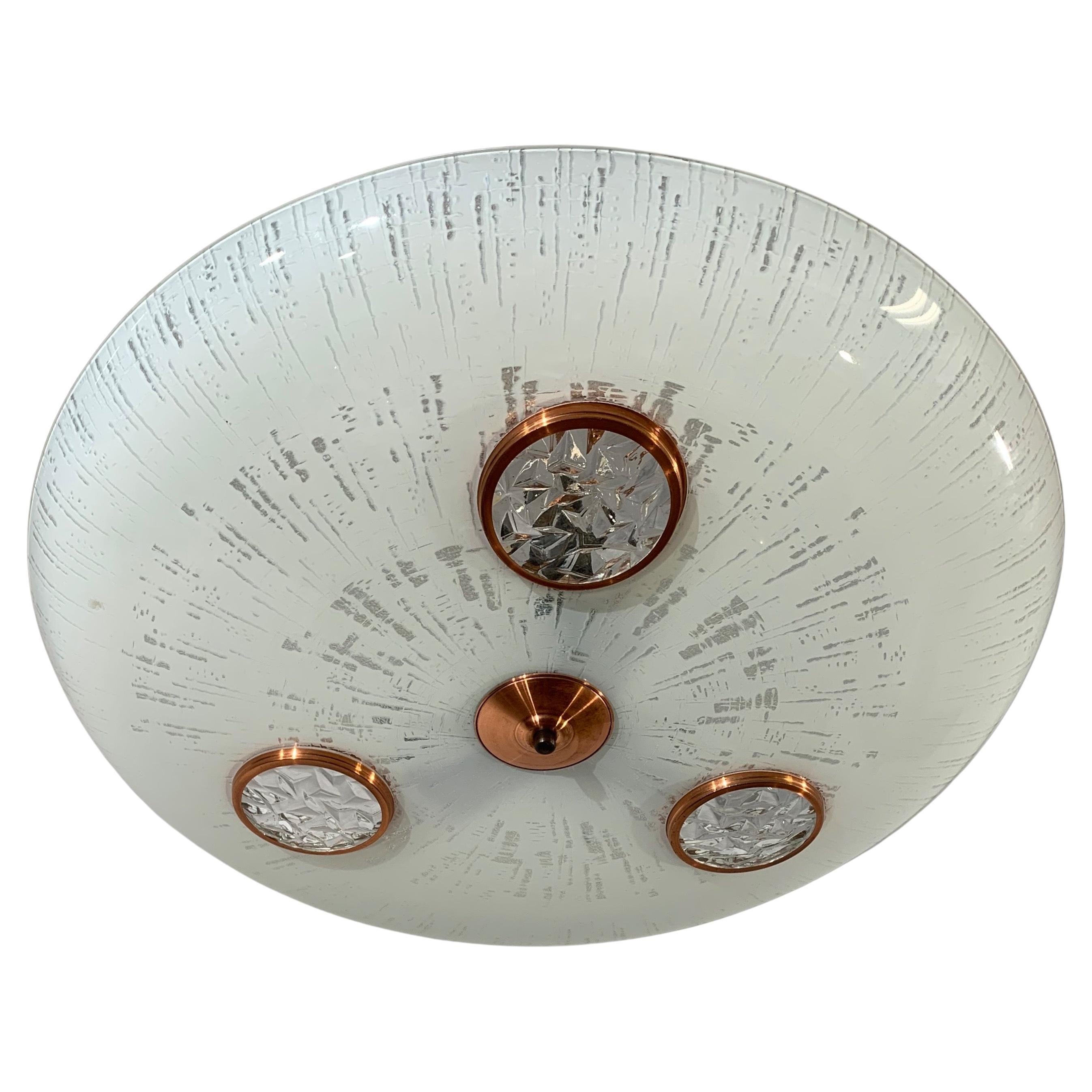 Vintage Midcentury Modern Art Glass Flush Mount / Pendant, Built-In 'Spotlights' For Sale