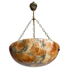 Antique Stunning and Large Art Deco Alabaster Pendant  Light with Brass Chain & Canopy