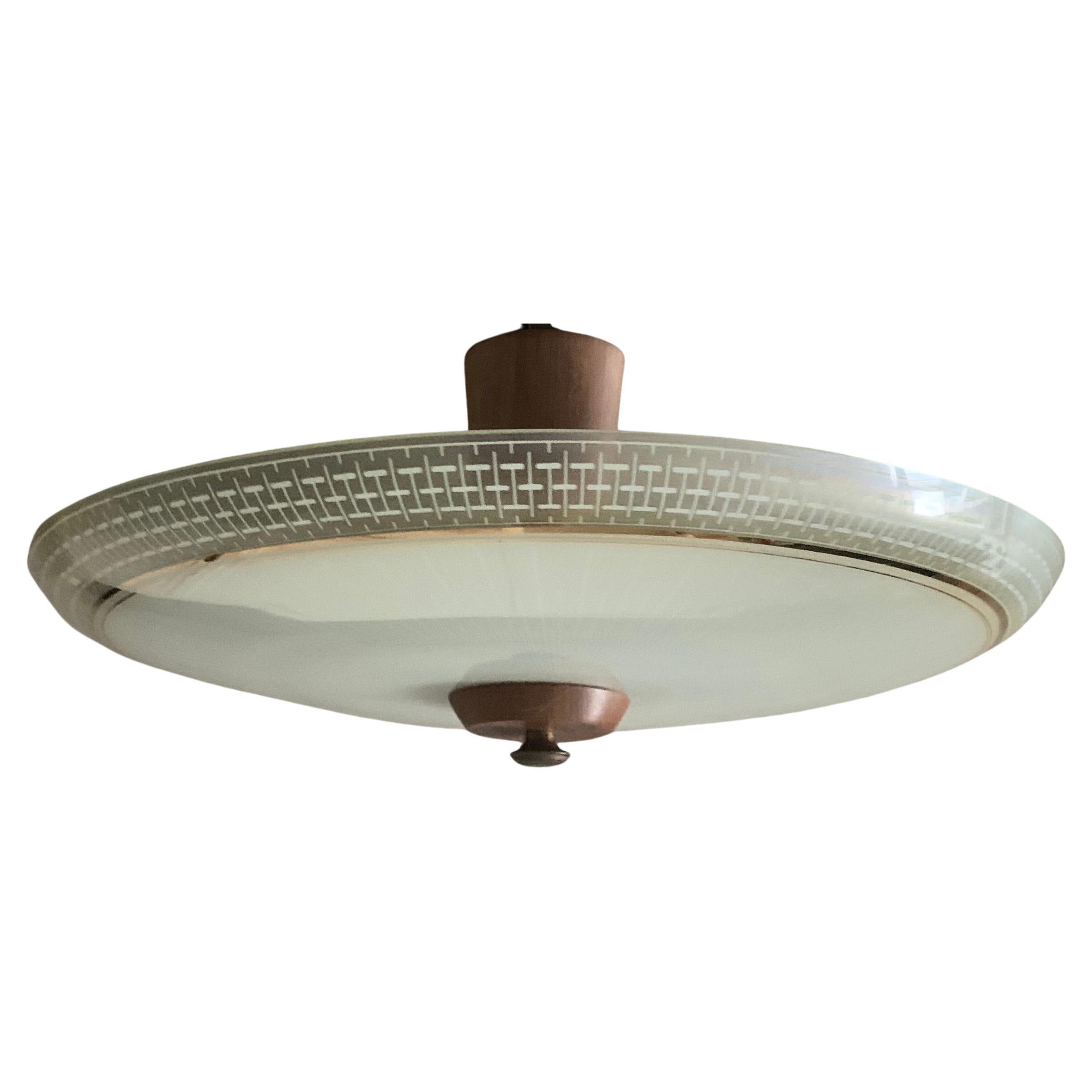 Midcentury Modernist Circular Shape Glass Flush Mount w Golden Decoration Teak For Sale