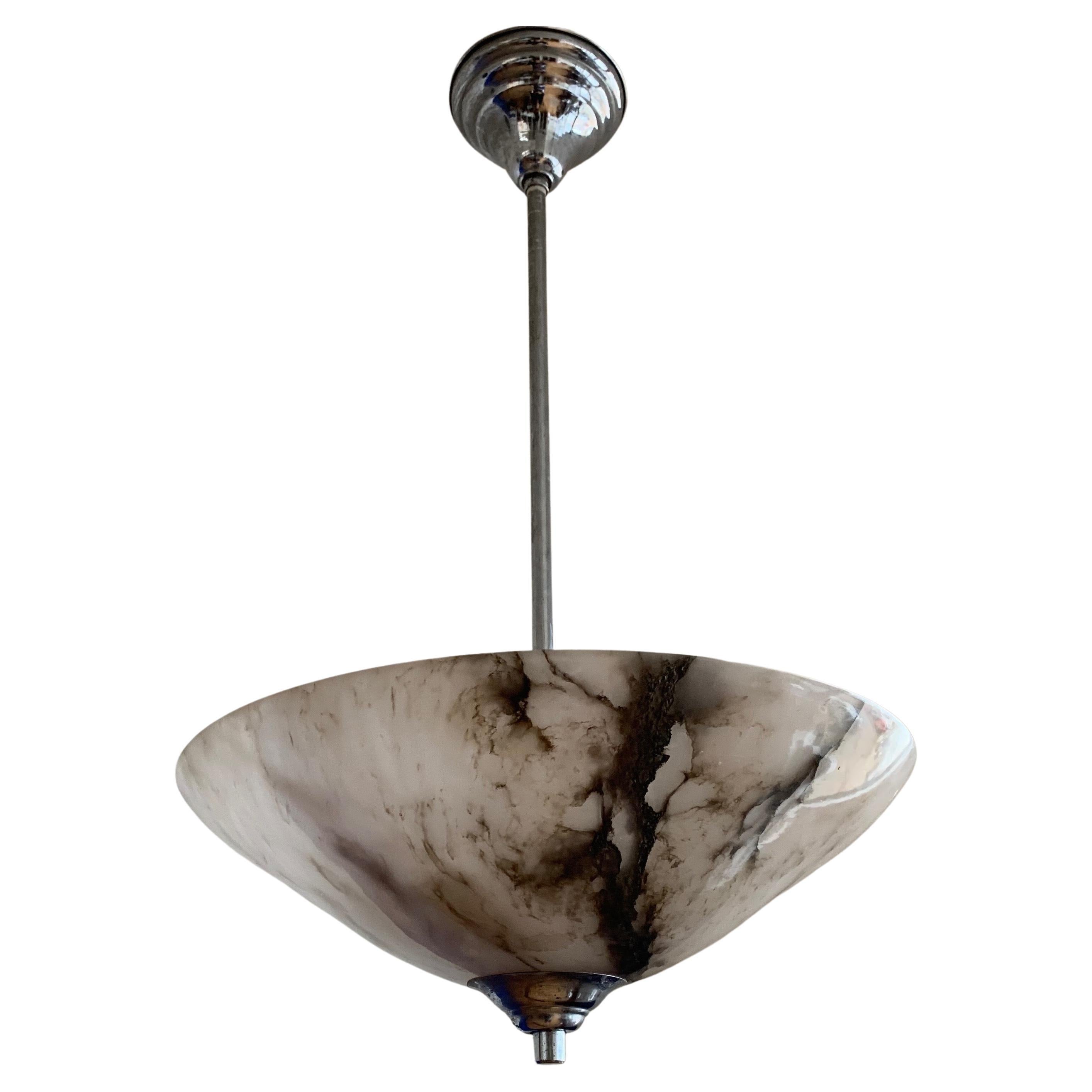 Awesome Art Deco Pendant Light with Stunning Alabaster Mineral Stone Shade, 1920 For Sale