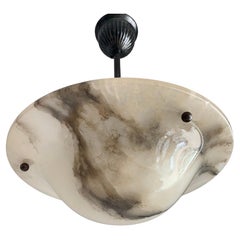 Striking Art Deco Alabaster Shade Flushmount / Pendant w. Blackened Metal Canopy