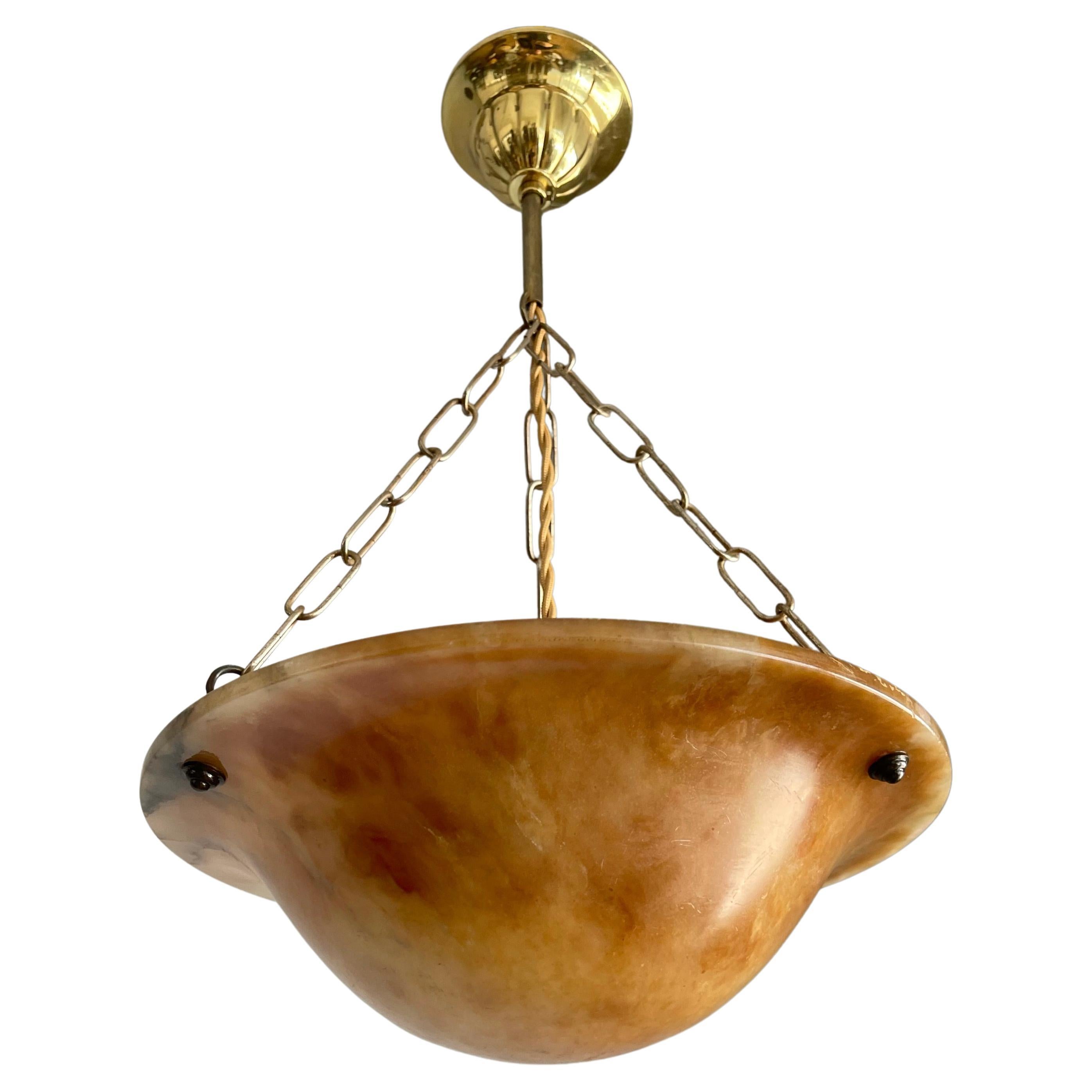 French Rare Antique Hand Carved Alabaster & Brass Art Deco Pendant Light / Ceiling Lamp For Sale