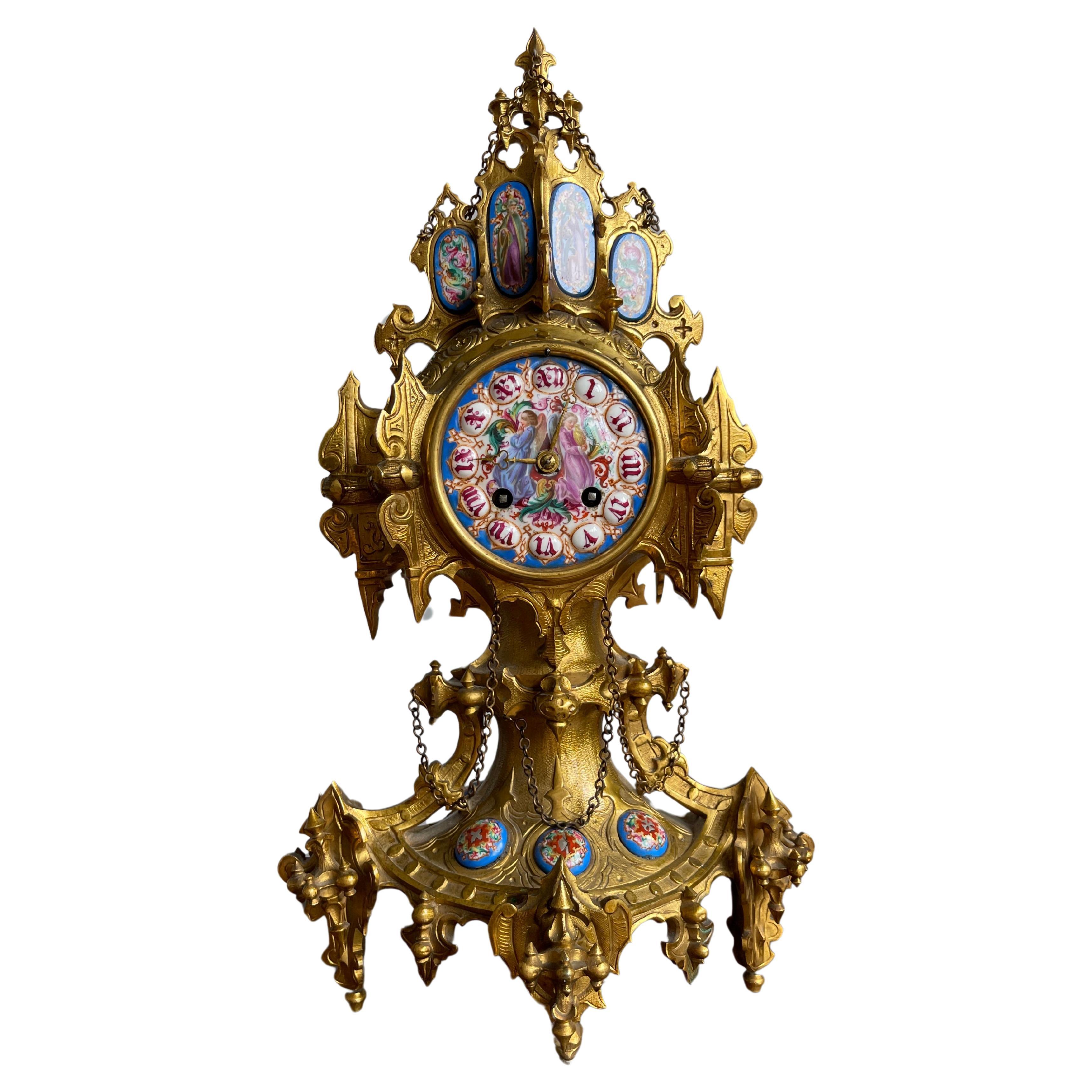 Unique Gothic Revival Gilt Bronze Table or Desk Clock w Rare Porcelain Plaques For Sale