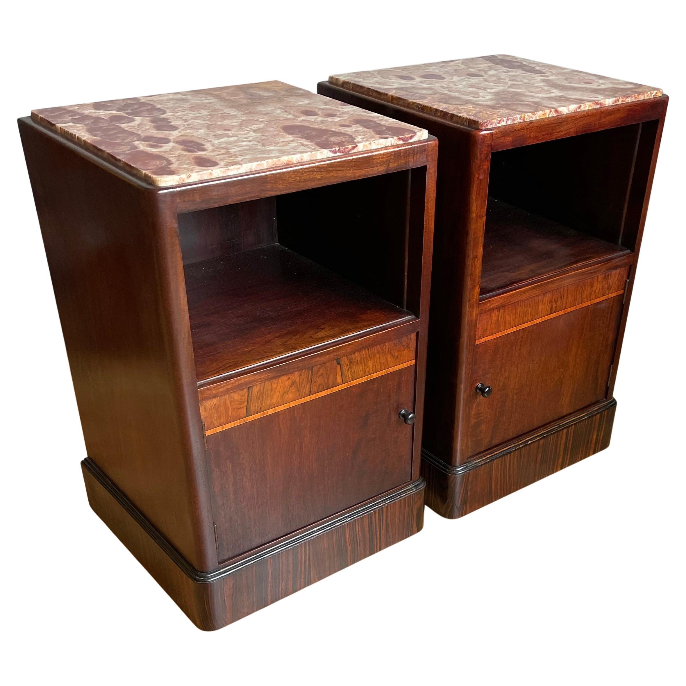 Stunning Art Deco Nightstands Tables w. Porcelain Interiors & Unique Marble Tops For Sale