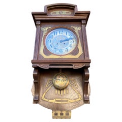Large Arts & Crafts Brass & Oak Gustave Serrurier-Bovy Style Wall Clock, ca 1900