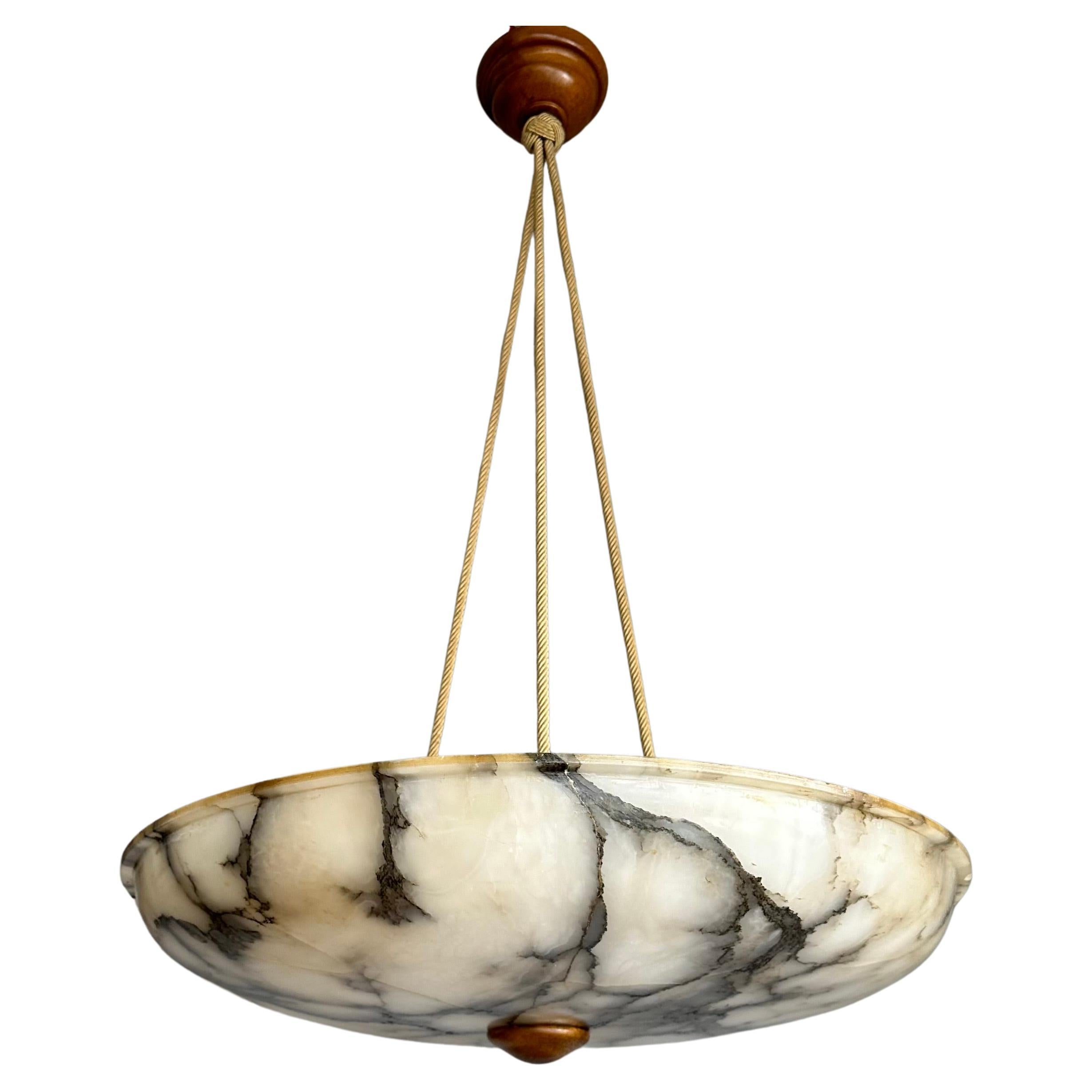 Extra Large Antique White & Black Alabaster Chandelier / Pendant Light with Rope For Sale