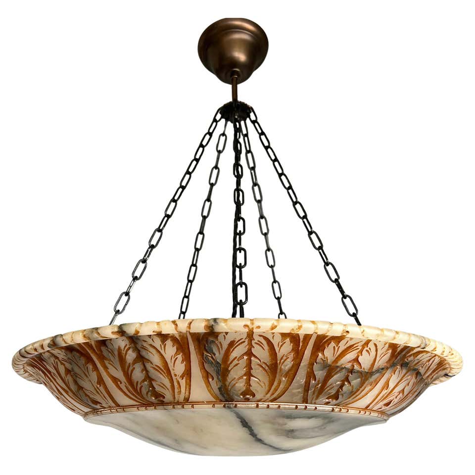 Enormous 25.2Ø Hand Carved Antique Alabaster Floral Pendant ...