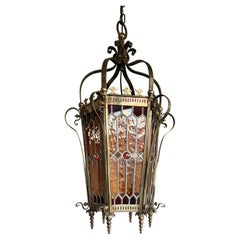 Vintage Wonderful Late Victorian Bronze and Stain Leaded Glass Pendant Light / Lantern