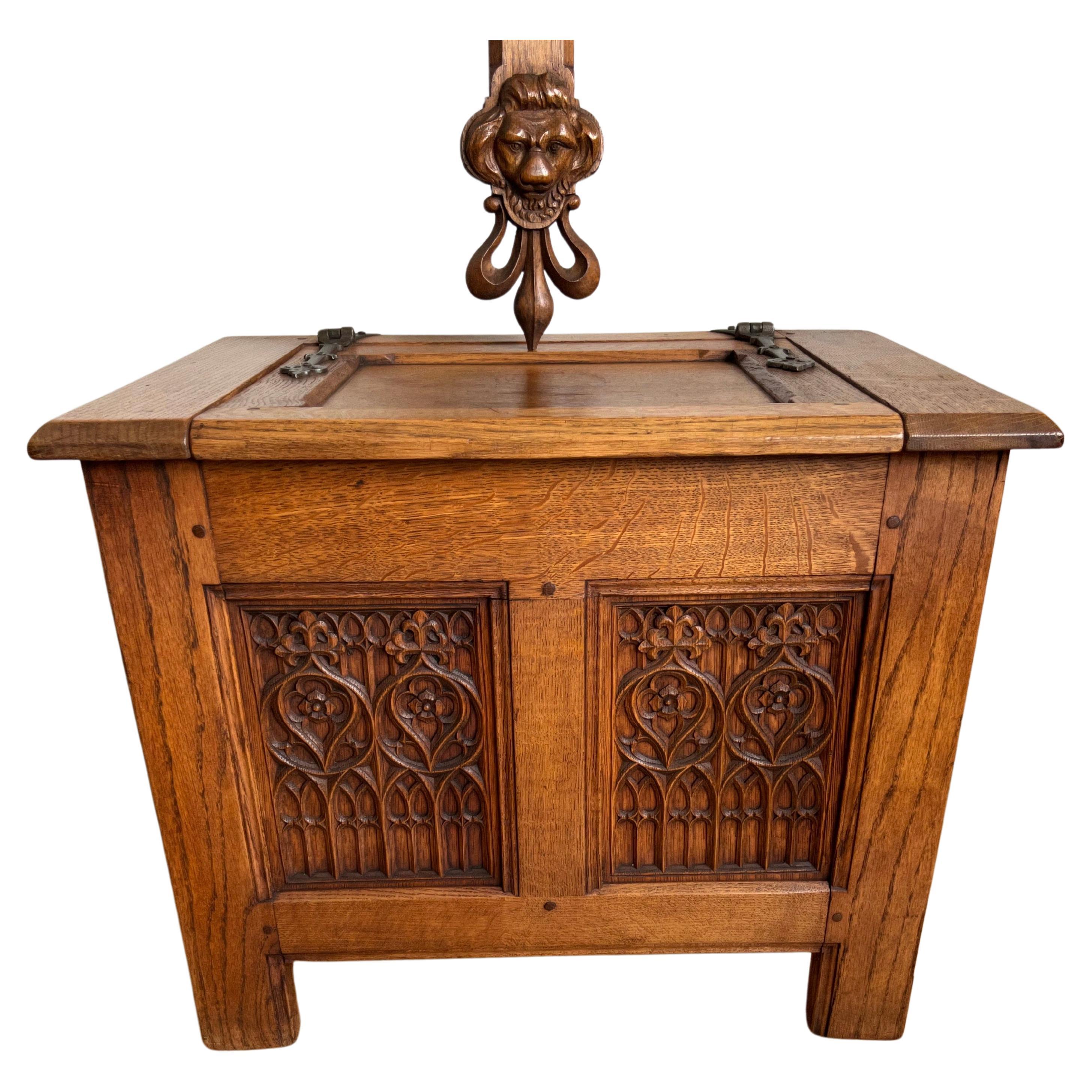 Unique Small Size & Quality Hand Carved Tiger Oak Gothic Revival Chest, 1920 For Sale