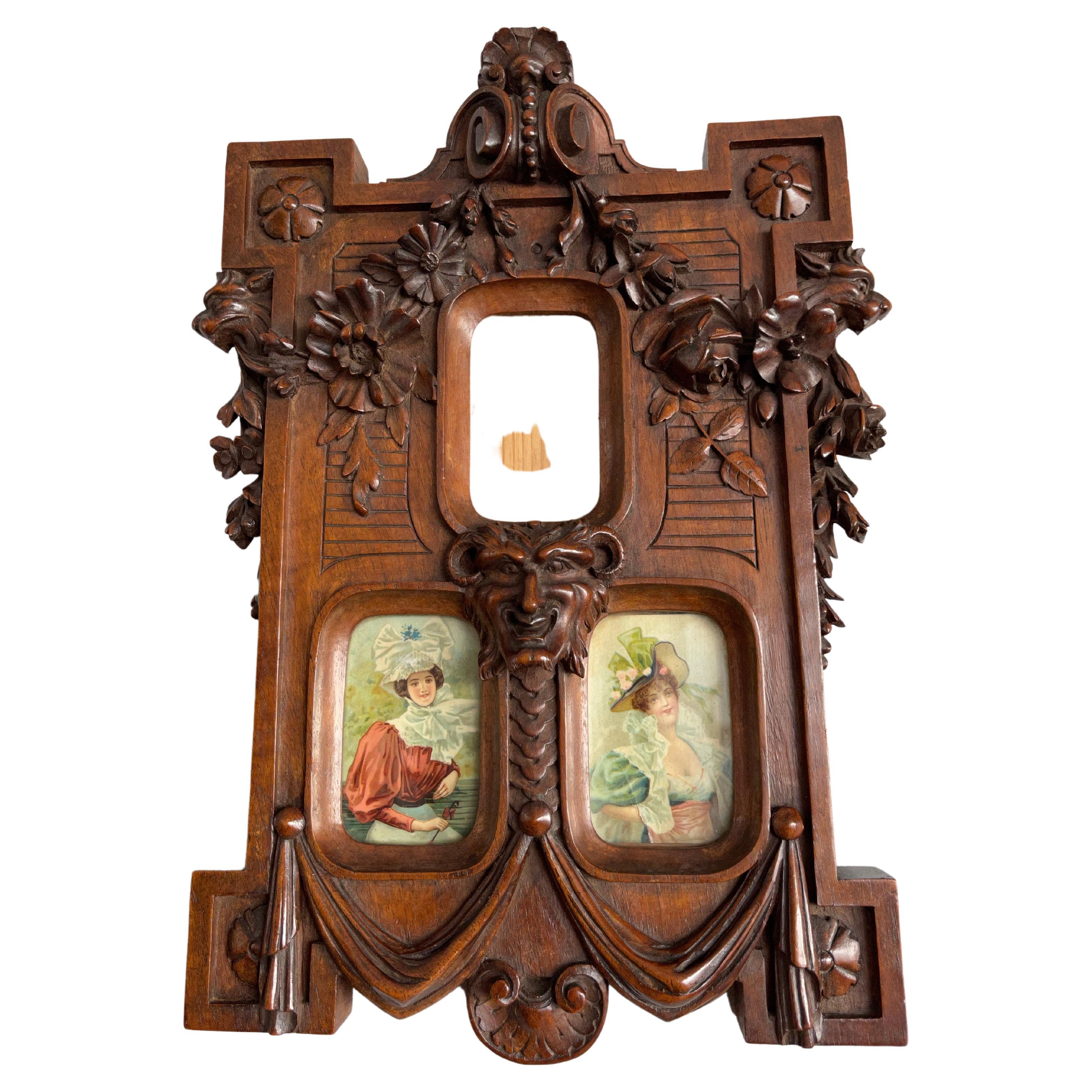 Rare Late 1800s Finely Hand Carved Flowers & Satyr Sculptural Picture Frame For Sale