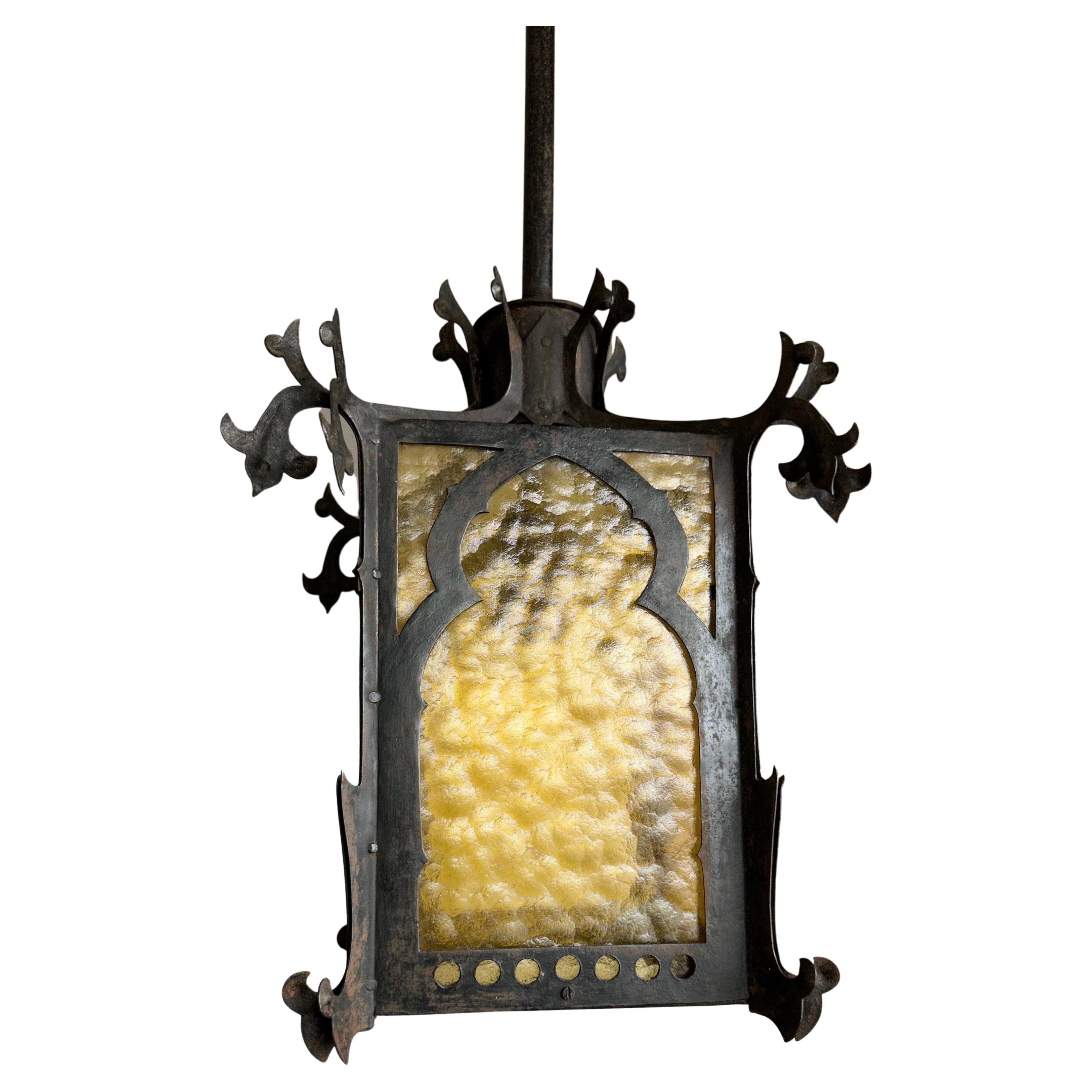 Gothic Revival Medieval Style Good Size Iron & Cathedral Glass Lantern / Fixture For Sale