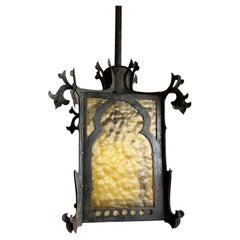Antique Gothic Revival Medieval Style Good Size Iron & Cathedral Glass Lantern / Pendant