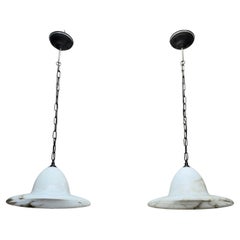 Great Pair / Set of Good Size Antique White Alabaster Pendant Lights / Fixtures