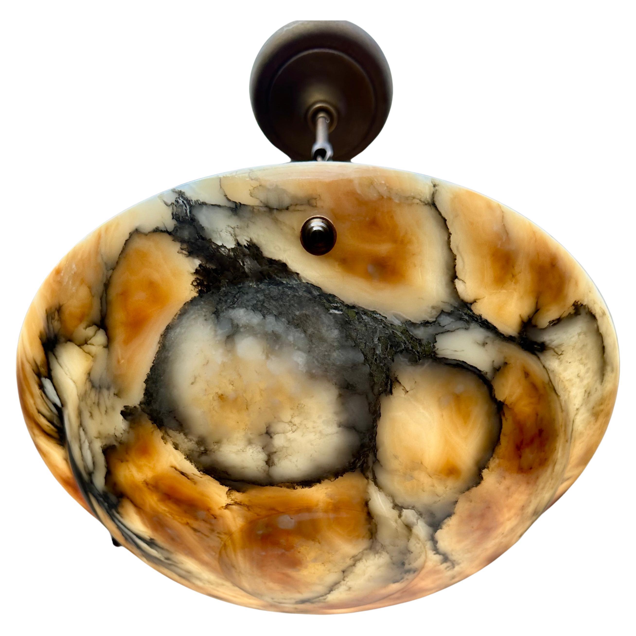 Stunning Art Deco Hand Carved Alabaster & Bronzed Chain Pendant Light, c. 1920 For Sale
