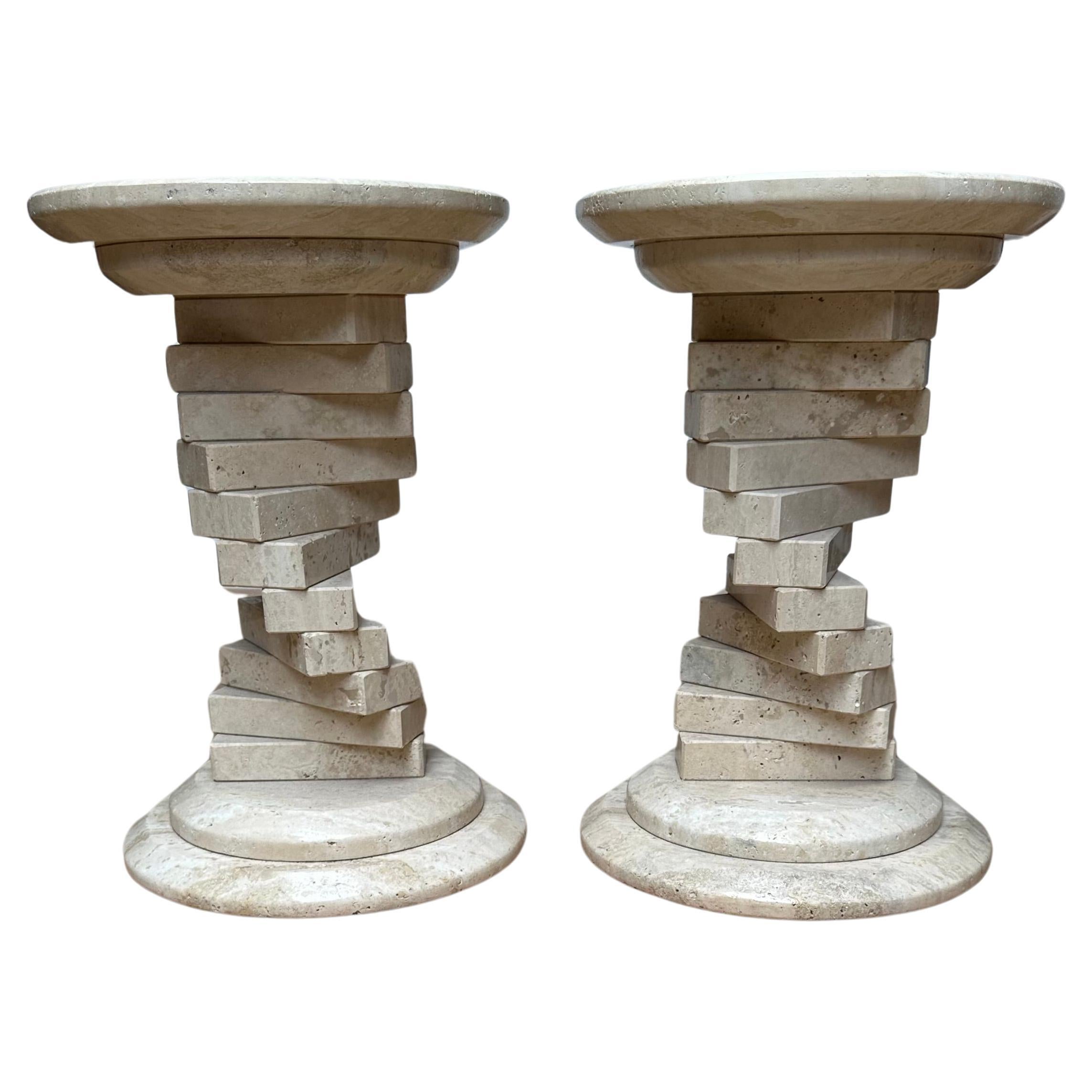 Pair of Italian Travertine Circular End Tables w. Stacked Blocks Design Stand