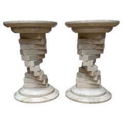 Used Pair of Italian Travertine Circular End Tables w. Stacked Blocks Design Stand