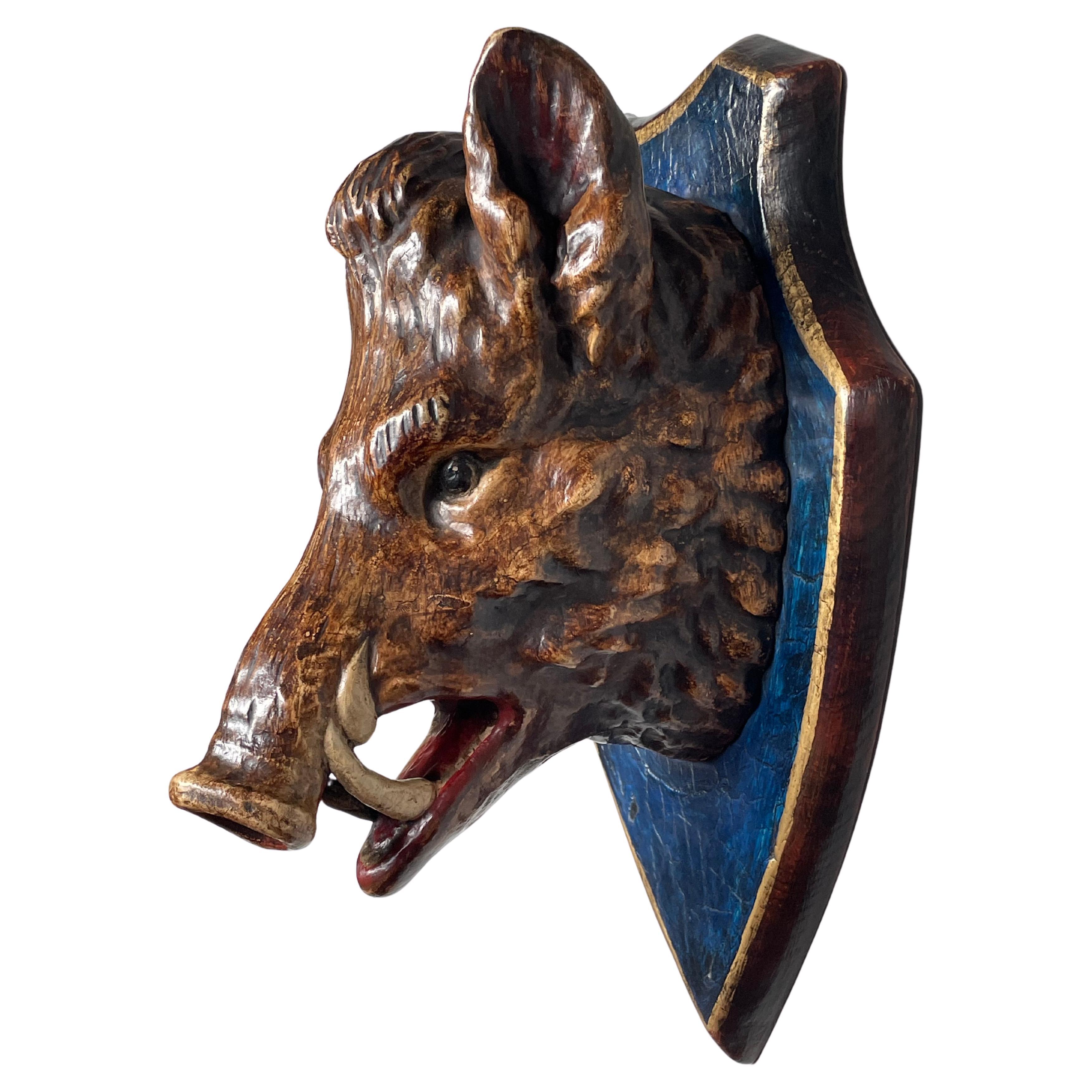 Finest Quality Antique Hand Carved & Painted Black Forest Boar / Hog Sculpture