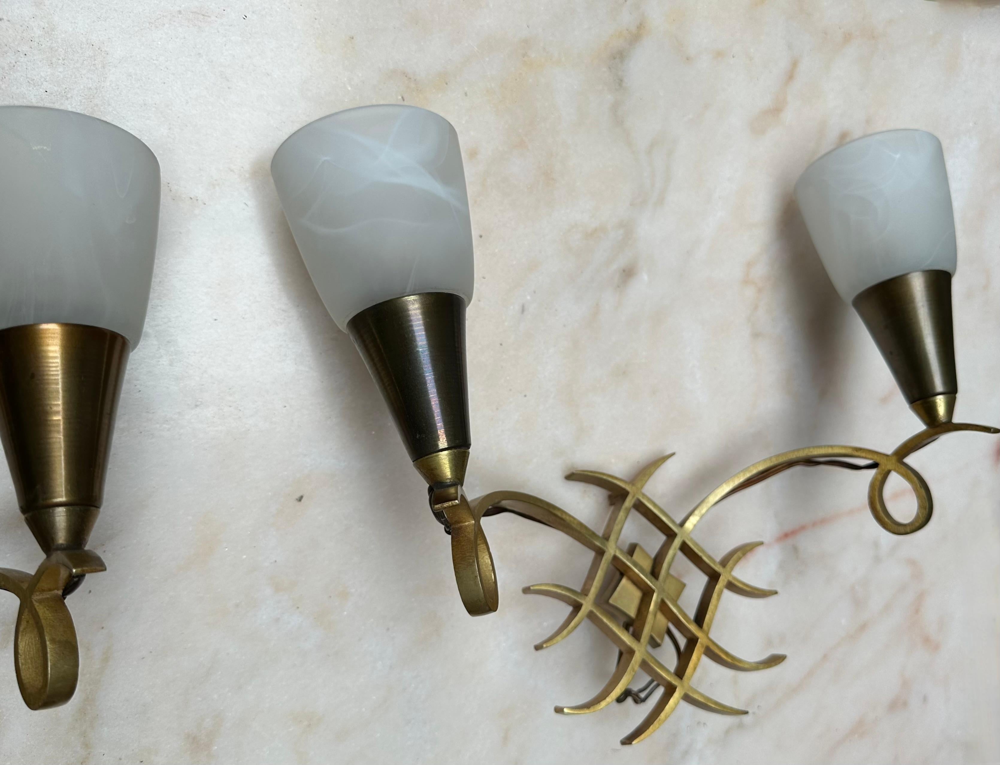 Brass Pair of French Art Deco Bronze Wall Sconces Attributed to Jules Leleu For Sale