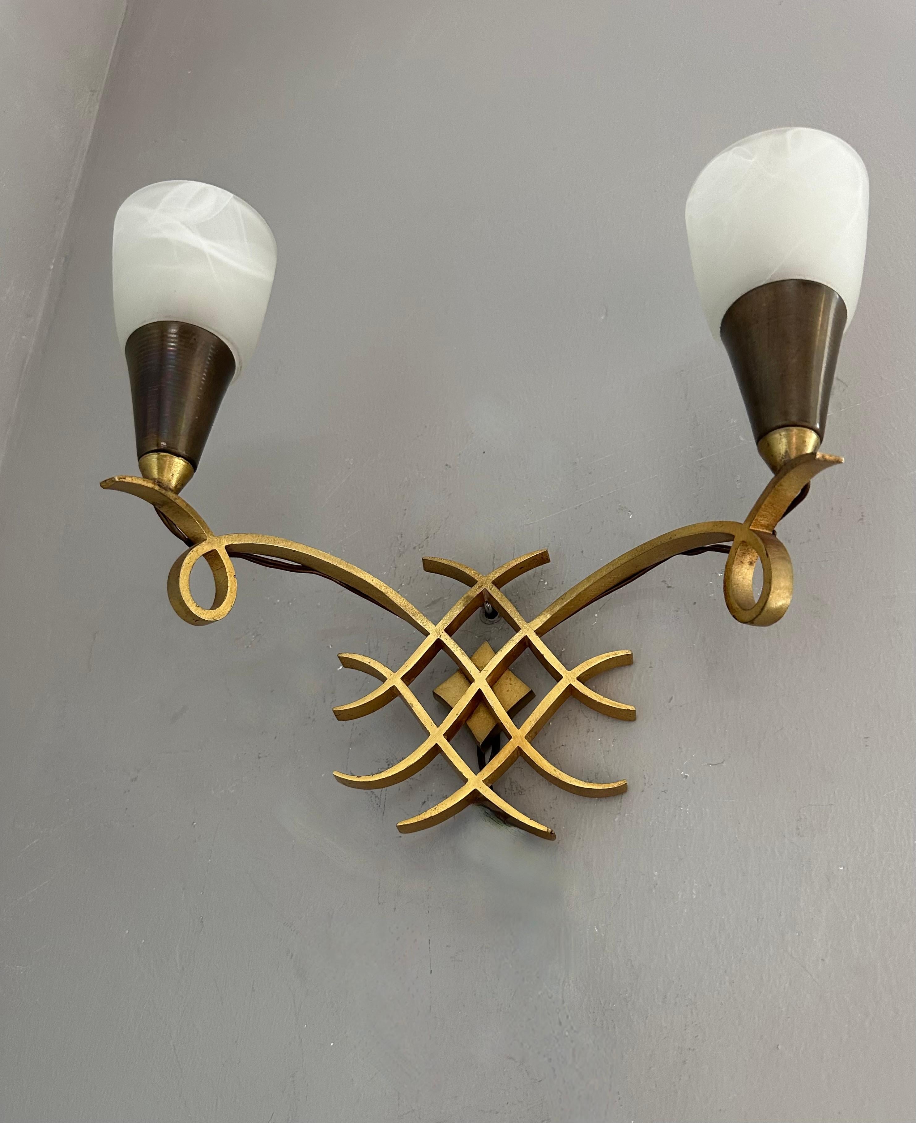 Pair of French Art Deco Bronze Wall Sconces Attributed to Jules Leleu For Sale 9