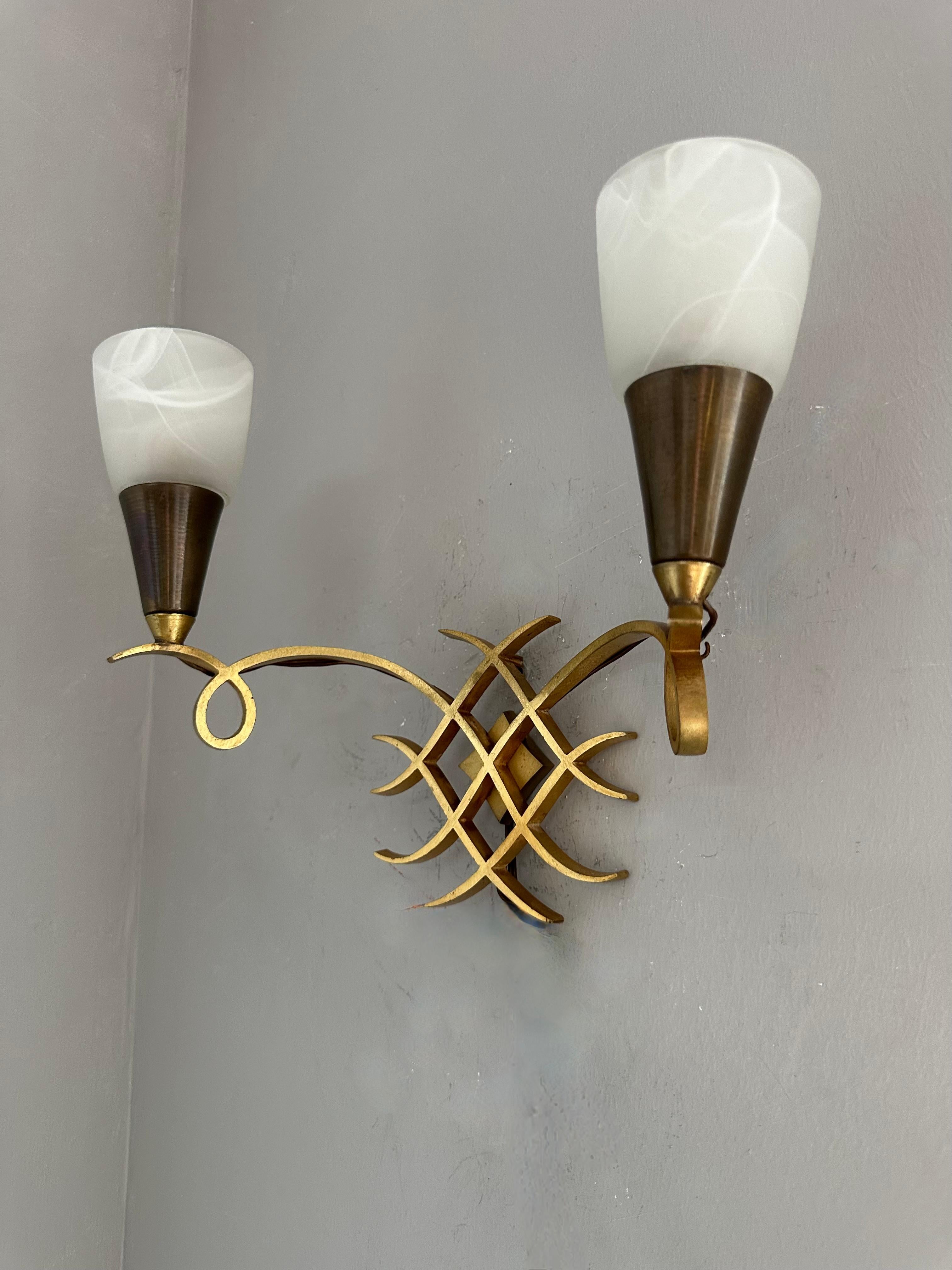Pair of French Art Deco Bronze Wall Sconces Attributed to Jules Leleu For Sale 10