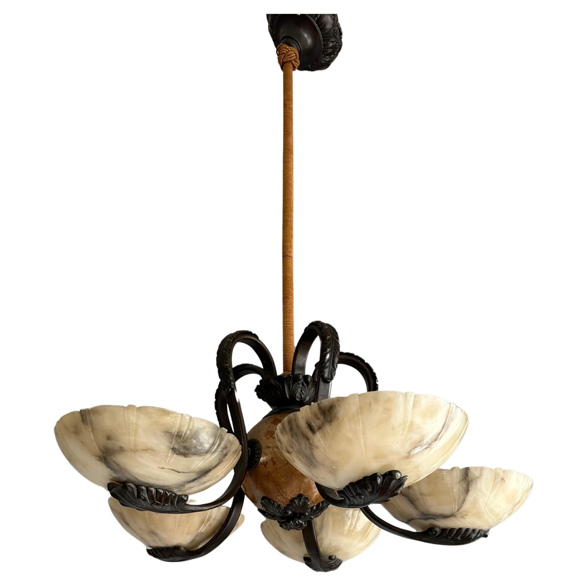 Marvelous Bronze Art Deco Chandelier / Pendant with Five Carved Alabaster Shades